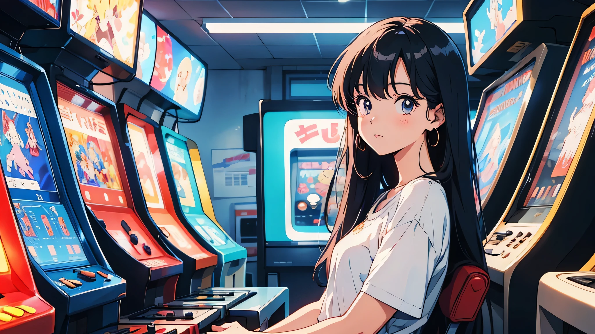 Anime girl in a retro arcade, 80&#39;s anime atmosphere, 80s anime style, retro anime girl, 1980's anime style, retro anime images, anime atmosphere, Playing games, smoking a cigarette, smoking