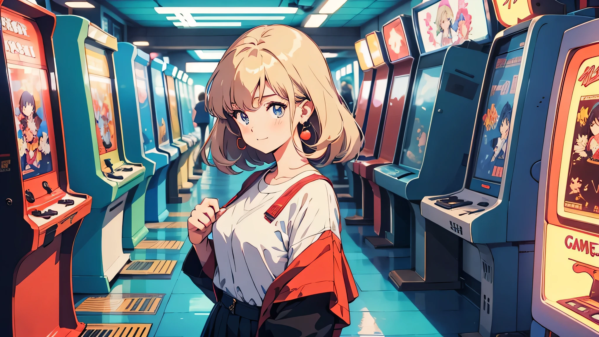 Anime girl in a retro arcade, 80&#39;s anime atmosphere, 80s anime style, retro anime girl, 1980's anime style, retro anime images, anime atmosphere, Playing games, smoking a cigarette, smoking