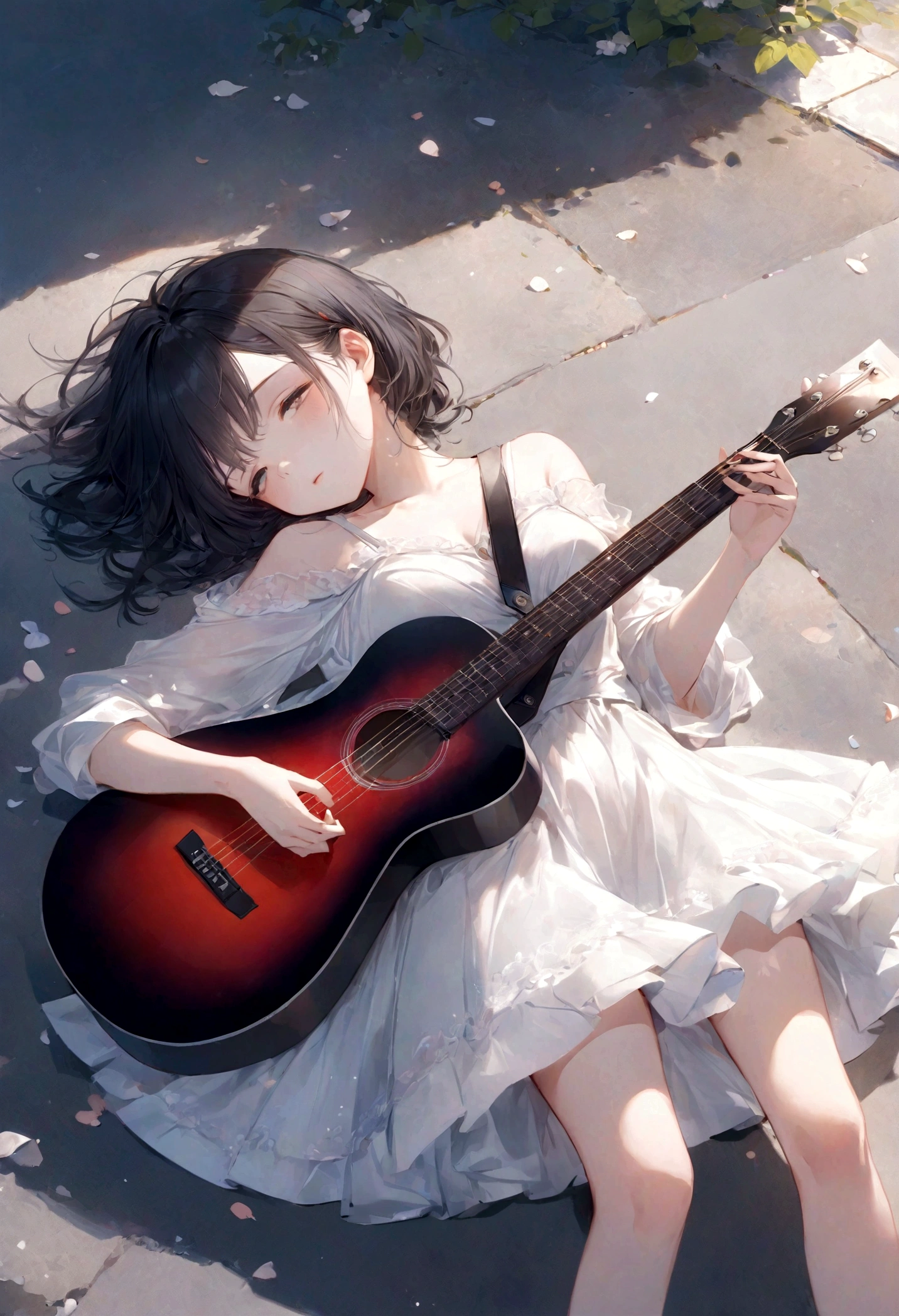 There is a woman lying on the ground holding a guitar., Guweiz-style artwork, Guweiz Masterpiece, Guweiz, Guweiz on Pixiv ArtStation, Nightcore, Guweiz on ArtStation Pixiv, Detailed fan art, play the guitar, Smooth anime CG art, , Beautiful Anime, High quality fan art