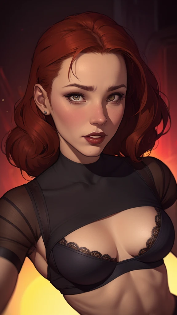 A closeup of a woman in a black top and a black bra, estilo de arte de charlie bowater, Estilo Charlie Bowater, retrato de vampiro, arte do personagem charlie bowater, Alena Aenami e Artgerm, Neoartcore e Charlie Bowater, Charlie Bowater cores ricas e profundas, lazy art style, Artgerm e Tom Bagshaw