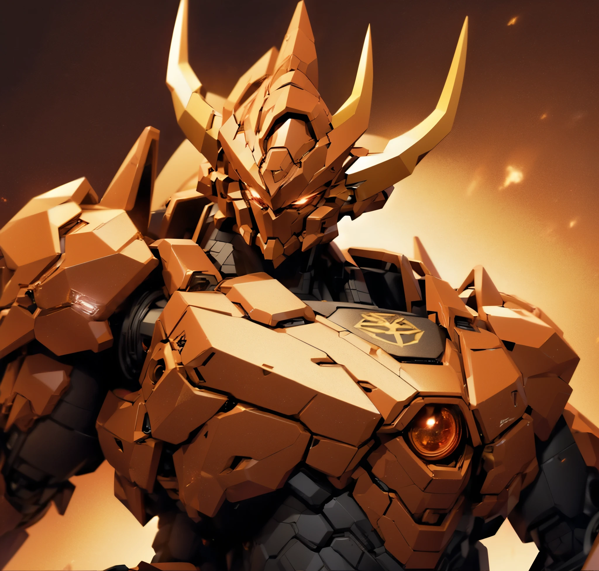 Robot, red mono eye, red body, high quality, golden horns on head, heavily armored,Robot, red mono eye, red body, high quality, golden horns on head, heavily armored, reddish-black shoulders, arm armor is an austere shade, sunset background,