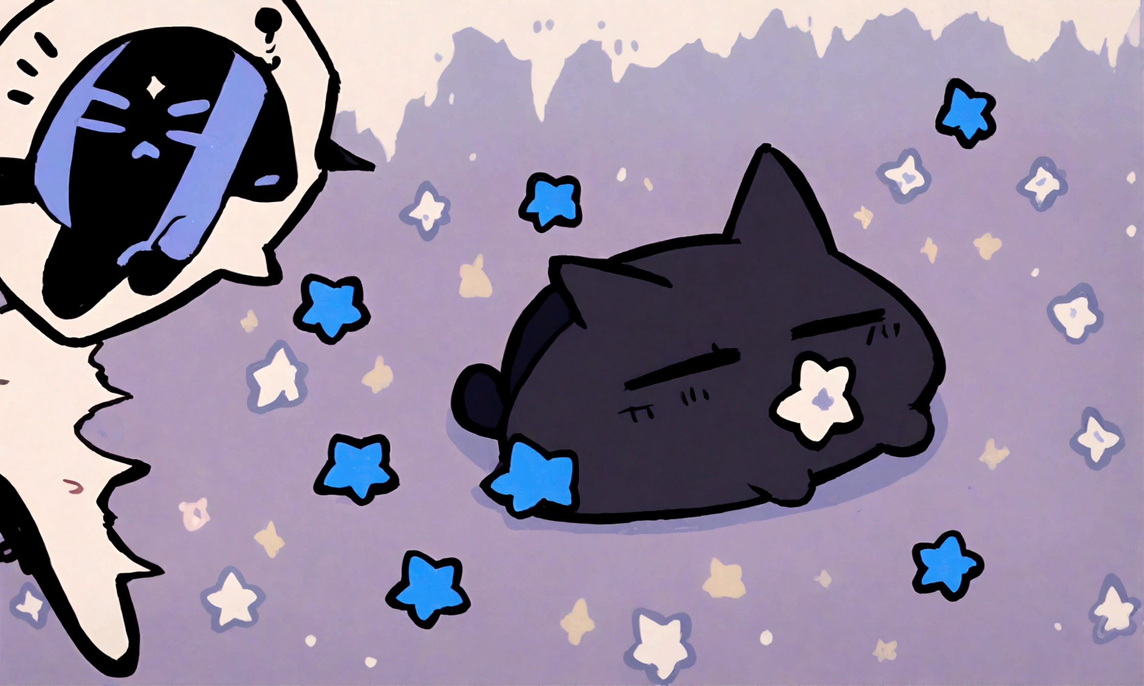 a very sad chibi black kitty with blue stars on its fur