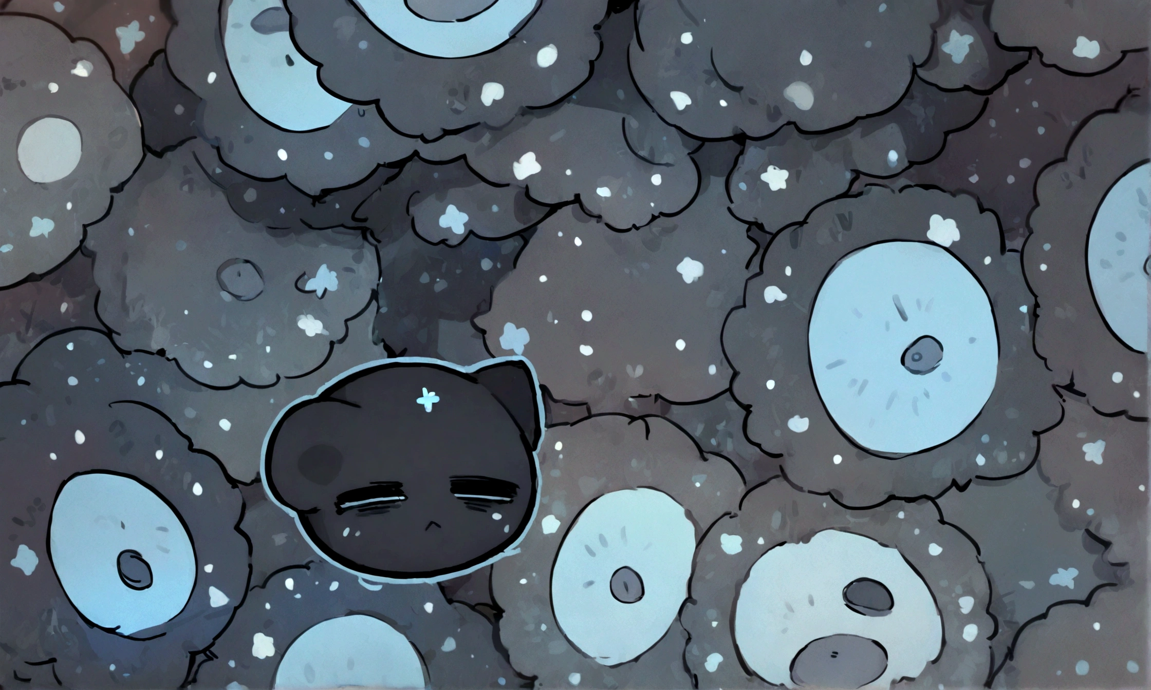 a very sad chibi black kitty with blue stars on its fur