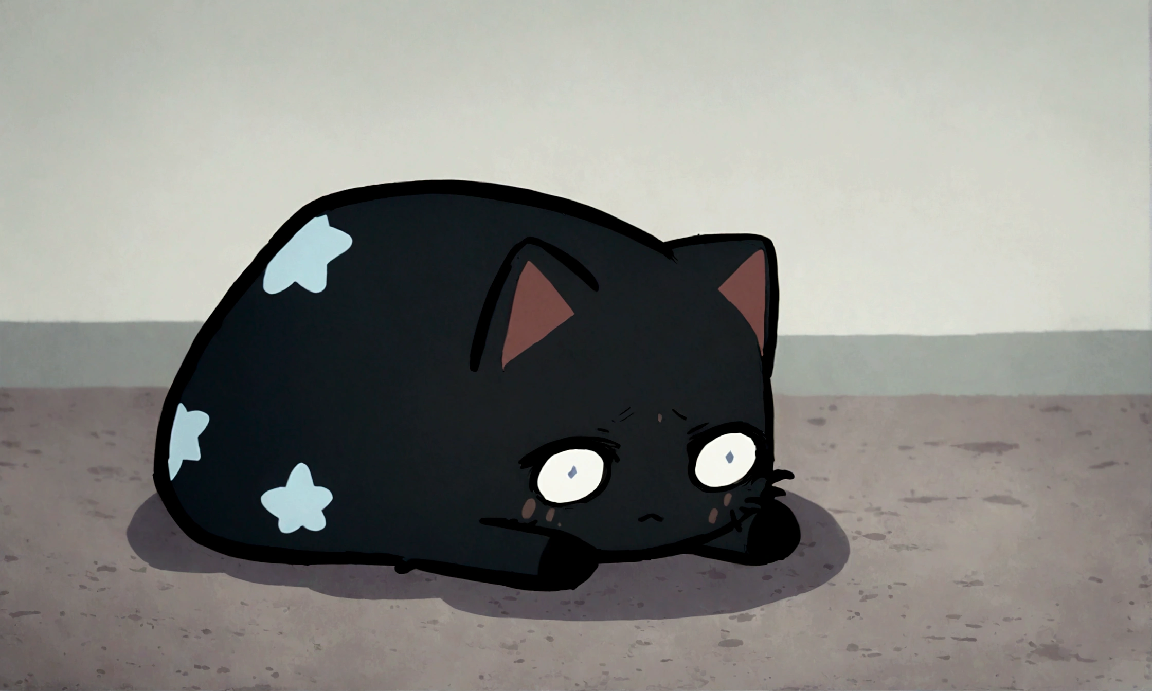 a very sad chibi black kitty with blue stars on its fur