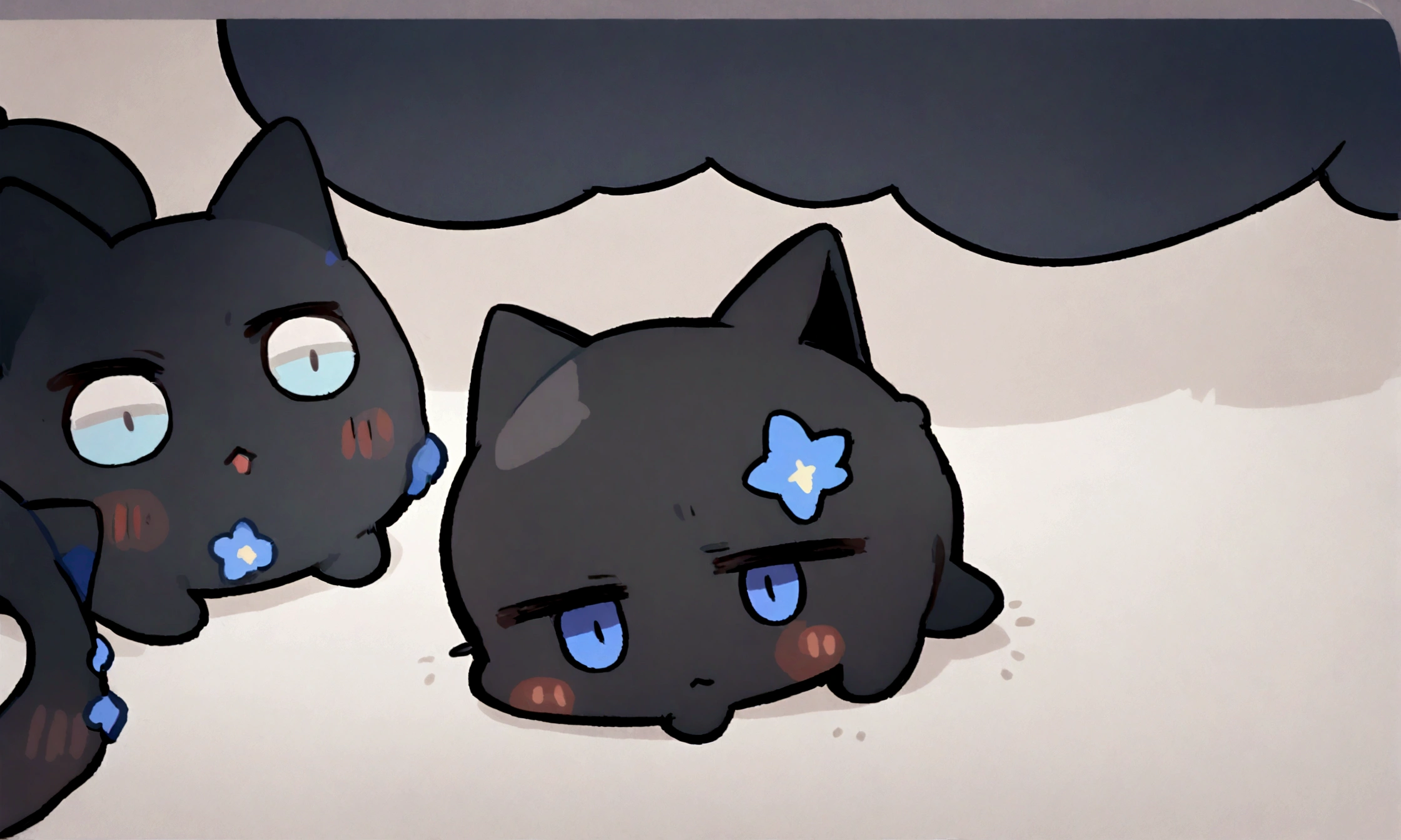 a very sad chibi black kitty with blue stars on its fur