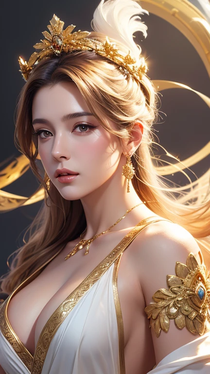 a digital portrait painting of a beautiful Greek goddess in white robe dress and smoke gold floats around, a hyperrealistic painting, figurative art, in gold paint, gold smoke, character is floats around in smoke, fantasy art ,elegance pose, medium closeup shot, lighting clear and soft effect , white background