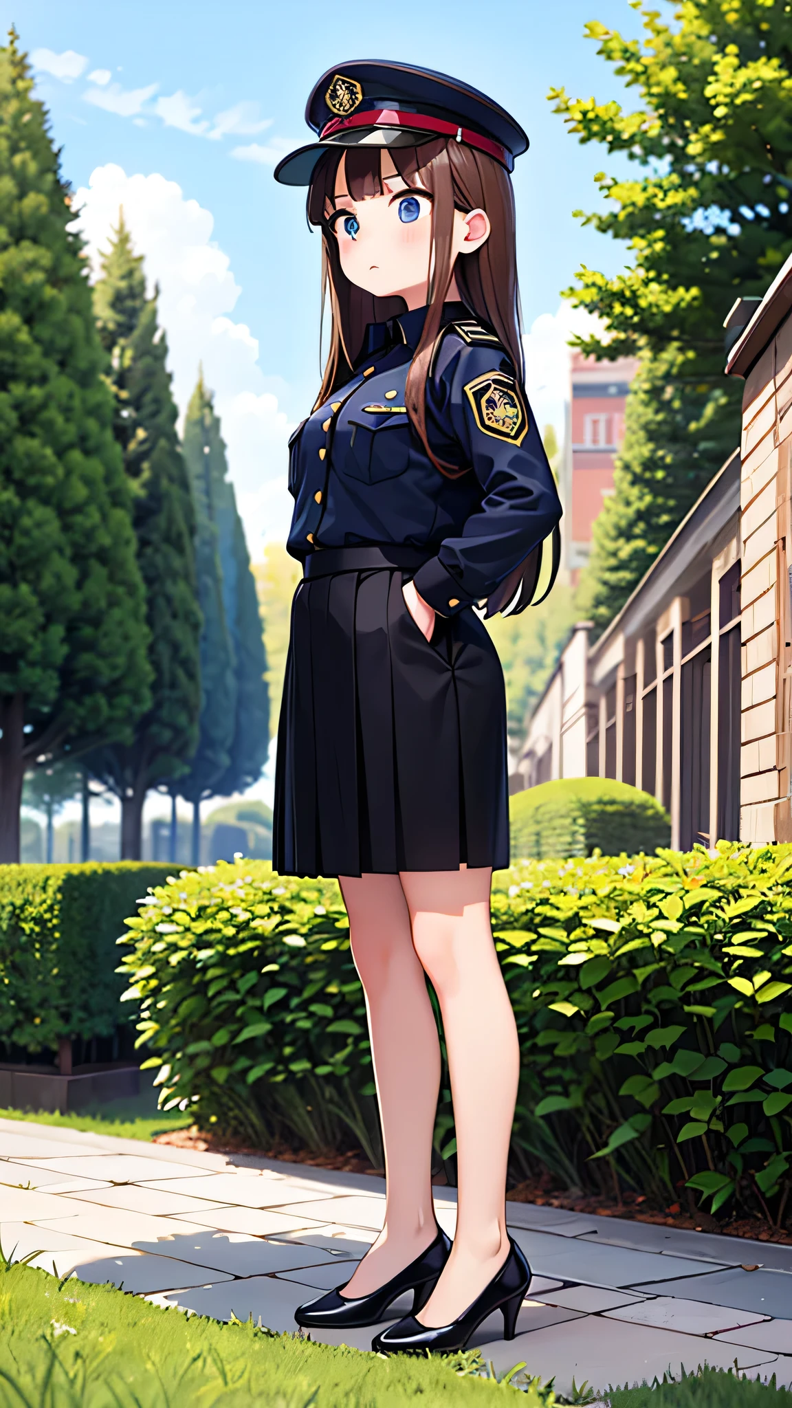 masterpiece, highest quality),Brown Hair, Hime cut, Long Hair, With bangs, girl, Uniform cap,Security uniform, Angry face, blush, Slender women, Straight Skirt, Standing posture, (Public)garden, diagonal, From diagonal, Bare feet and pumps, Plain black pumps