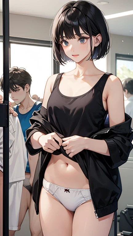 Bobcut、Black-haired 、Gym changing rooms、Changing clothes、In underwear、indoor、White panties