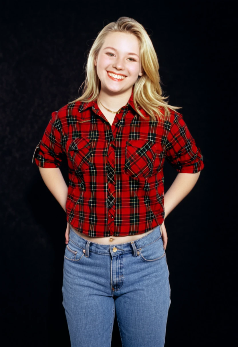 blonde twenty-five year old woman, red flannel shirt over a black tee, jeans, smiling, photorealistic, 1996, 90s, plump and curvy, 1990s, studio portrait, blank flat background