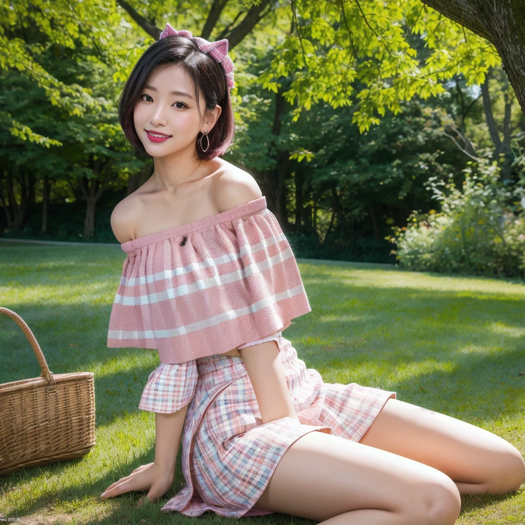 (8k, Photorealistic, Raw photo, Highest quality: 1.4),Japanese idol style1Beautiful girl of the person,18-year-old,Short bob hairstyle,Blackの髪,She has her hair tucked behind her ears,She has small earrings in her ears,Big, clear grey eyes,Long eyelashes,Plump Cheeks,(She is applying lipstick,(Pink :1.4)),Apply gloss over your lipstick for glossy, plump lips,Smiling,A short pendant is hanging around her neck.,両手の爪にBlackのマニキュアを塗っている,両足の爪にBlackのマニキュアを塗っている,(Wearing a summer knit on bare skin,(Off the shoulder,White :1.7)),I can see her cleavage(Wearing a pleated skirt,(Plaid,Black :1.6)),(barefoot),(sit,(Grass under the tree in the park,Spread your legs,put together)),(place your hands between your legs),She is surrounded by the gentle sunlight filtering through the trees.,Angle from the front,Full body portrait