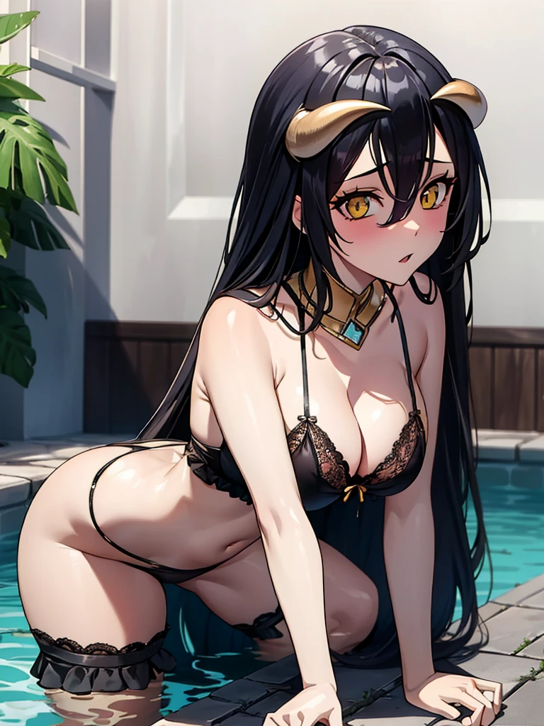 masutepiece, Detailed, Best Quality, Beautiful Girl, very small lace translucent bikini, Shackles, stock, Troubled face, big pool (prison), black hair sexy girl 1girl in, albedo from overlord character, blonde female, Blunt bangs, Big breasts, Amused expression, Looking at Viewer, big butt, mature body, very big , dark pink eyes, small thong, erotic pose, big butt, full body picture, cameltoe, lace lingerie, yellow eyes, nsfw