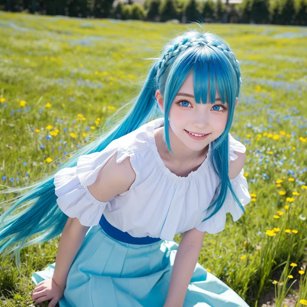「age girl with blue hair、He has heterochromatic eyes, with a bright green right eye and a vibrant blue left eye.。hair should be shoulder-length、A style where the bangs are slightly over the forehead。Wearing a white blouse and a blue skirt。The background is a meadow with spring flowers。Smiling face。」high quality
Twilight　Oldcastle in 