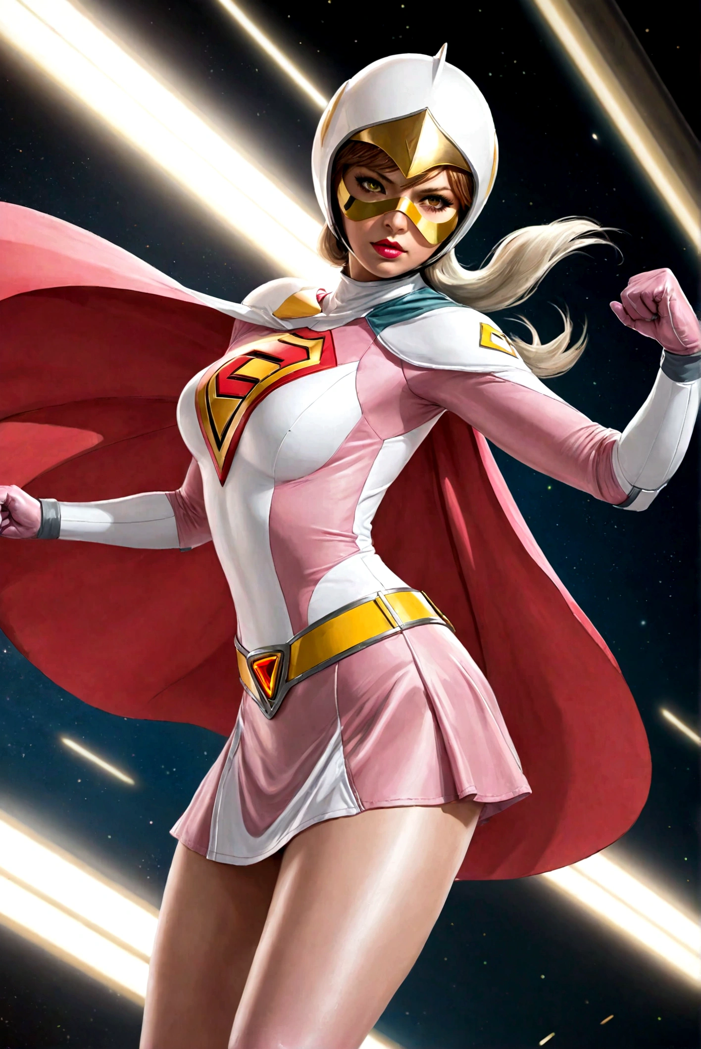 25yo,1girl, Jun The Swan, gatchaman, wearing gatchaman costume, good anatomy, masterpiece, best quality, realistic, hyperrealistic, 16k hdr, long hair, green eyes, lips, large breasts, lipstick, makeup, cape, swan image helmet, hornless, belt, elbow gloves, white gloves, mask, (pink ultra miniskirt:1.3), leotard, spacesuit, white legwear, pink dress, superhero, bodysuit,(fighting pose,kicking:1.3),(spread legs:1.1), space ship, hand up,