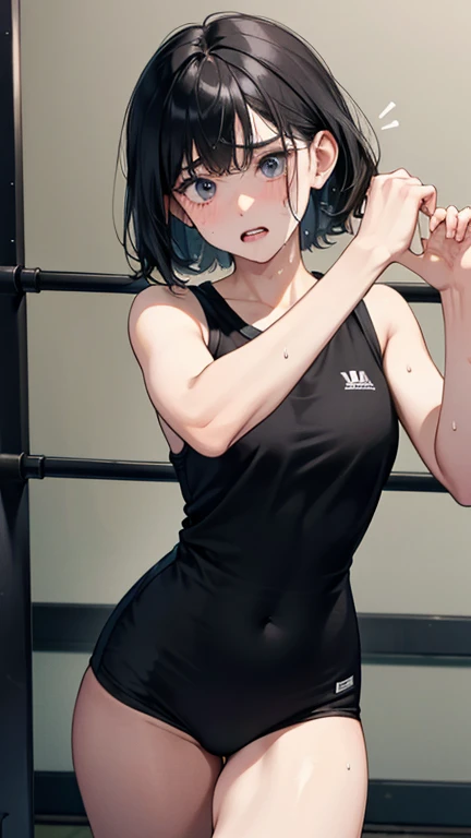 Bobcut、Black-haired 、Sweating at the gym、Desperate form、Sweaty、indoor、Many other guests、Wearing a jersey、No exposure、in motion、Grit your teeth
