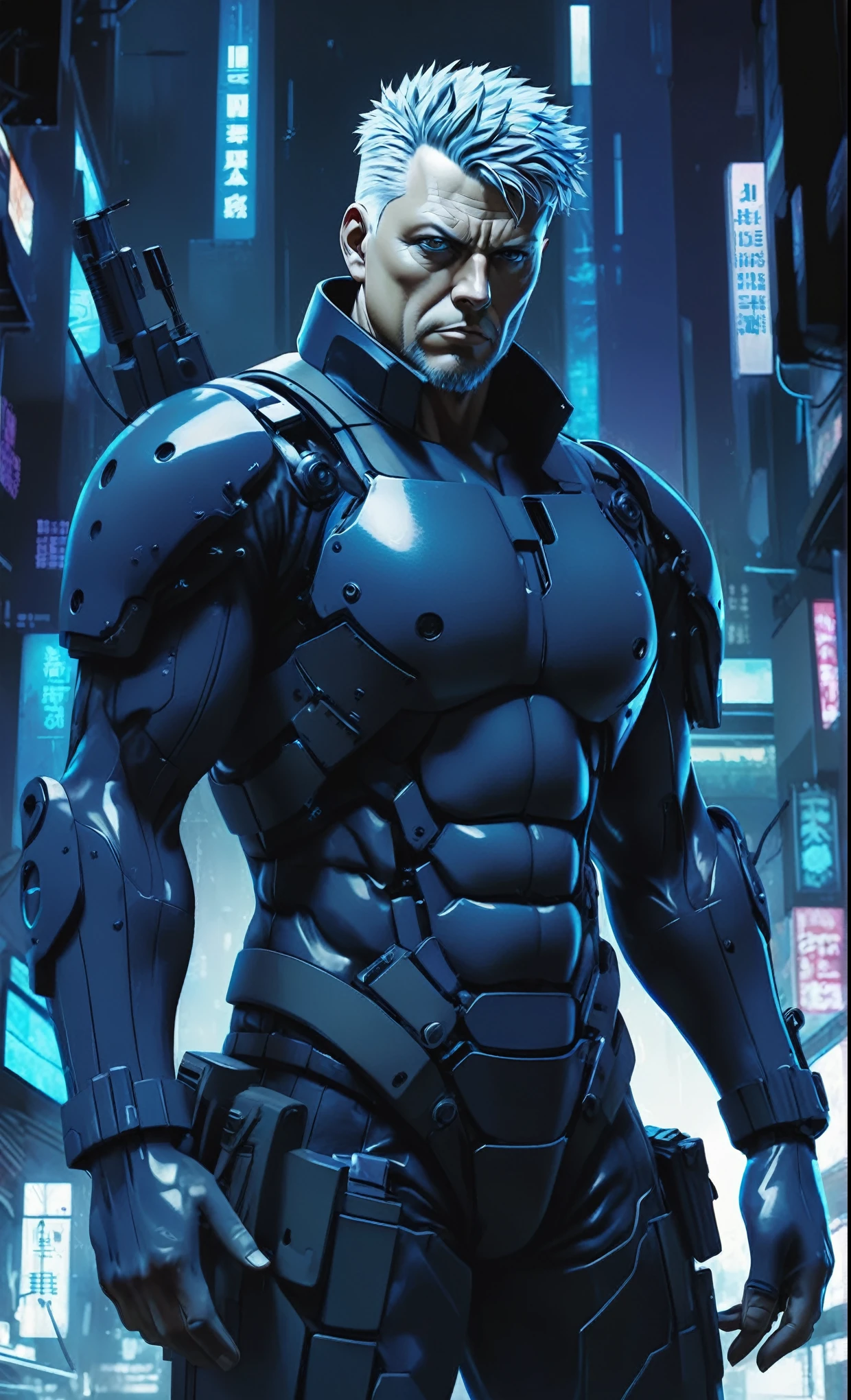 Ghost in the Shell Vol.2 - Batou, by Luis Duarte, Luis Duarte style, blue and black shading, Neo-Tokyo style, Element Air, Mythpunk, Graphic Interface, Sci-Fic Art, Dark Influence, NijiExpress 3D v3, Kinetic Art, Datanoshing, Oilpainting, Ink v3, Splash style, Abstract Art, Abstract Tech, Cyber Tech Elements, Futuristic, Illustrated v3, Deco Influence, AirBrush style, drawing