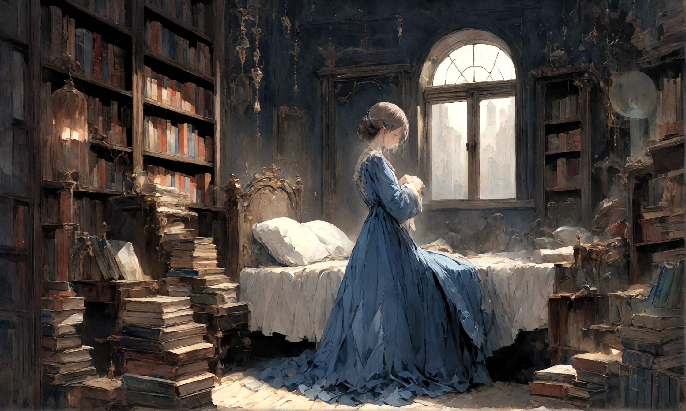 a sad female wearing a blue dress, silently crying on her bed though accepting it, in front of a moonlit window surrounded by books