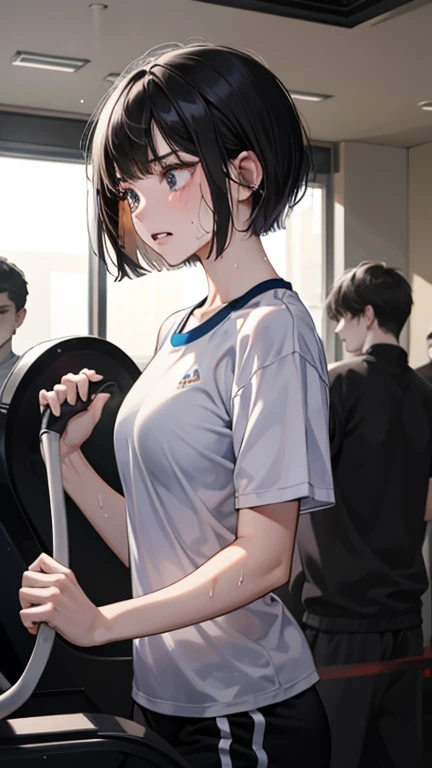 Bobcut、Black-haired 、Sweating at the gym、Desperate form、Sweaty、indoor、Many other guests、Wearing a jersey、No exposure、in motion、Grit your teeth、treadmill