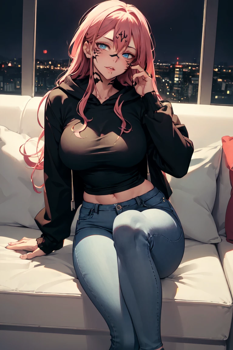 (masterpiece, best quality:1.2),3/4 body, solo, 1girl, sukunatattoo, Kiss face , looking at viewer, hand on own face, long hair,pink hair, blue eyes, extra eyes, v-shaped eyebrows, black jacket, long sleeves, dark lighting, caustics, nightime in Tokyo, midnight, (large breasts), lips seperated, female sukuna, thick hoodie, facing viewer, tight jeans, ultra tight skinny jeans, leaning backward , wide hips, indoors, sitting cross leged on couch, legs crossed