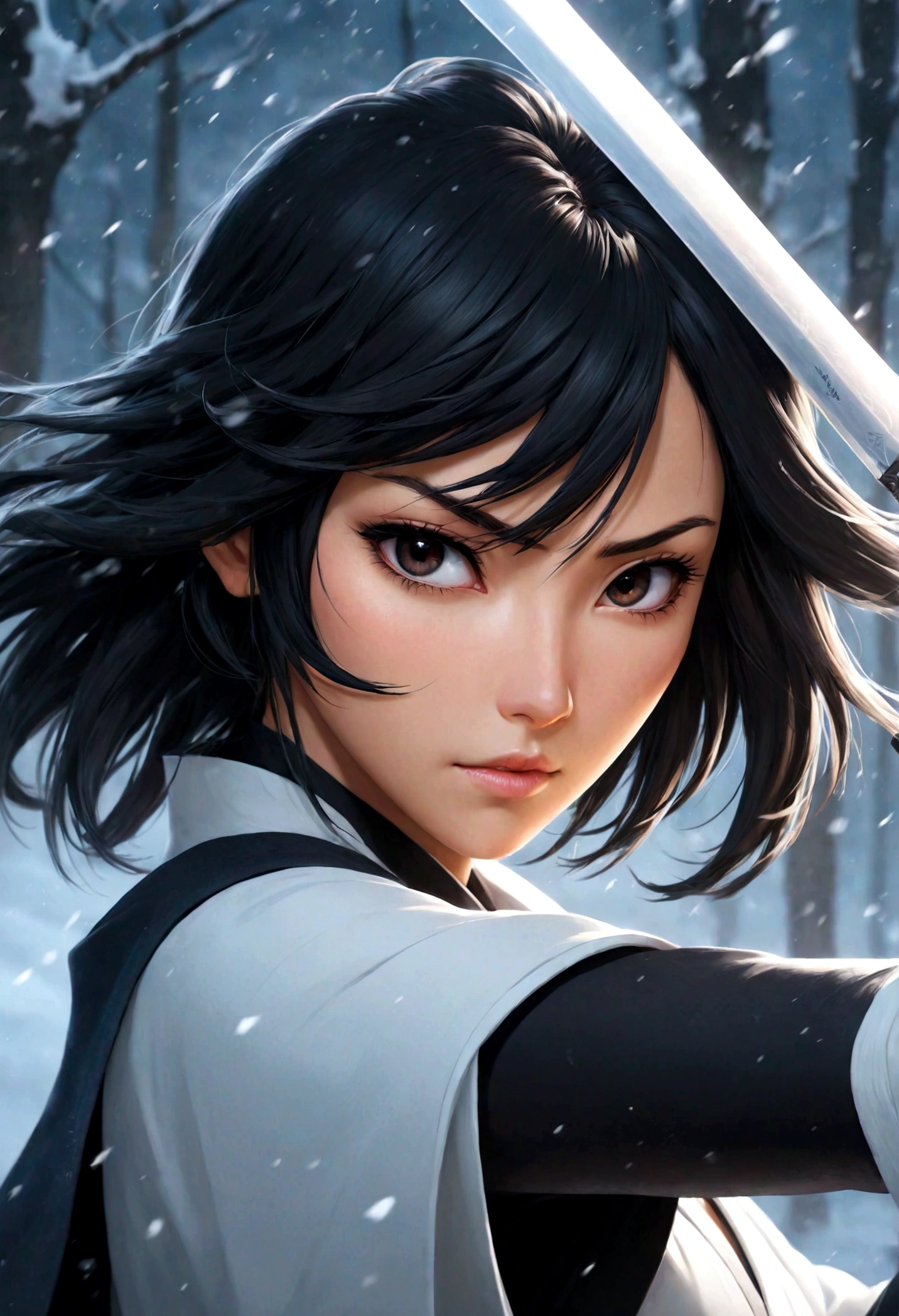 anime com espada na tempestade de neve, papel de parede de arte de anime 8 K, clean arte detalhada de anime, arte detalhada de animework, lindas obras de anime, she is holding a katana sword, artgerm e atey ghailan, Papel de parede de arte anime 4k, papel de parede de arte de anime 4k, inspirado em Ross Tran, arte detalhada de anime, arte digital detalhada de anime, estilo ross tran, Rukia kuchiki Bankai de gelo Hakka No Togame, Rukia Kuchiki Bleach