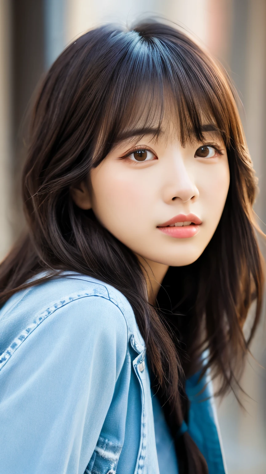 Woman looking this way、(highest quality, Portraiture)、Stylish, detailed background、4K、Real、Precision, bangs, bangs over eyes, (detailed eyes)
