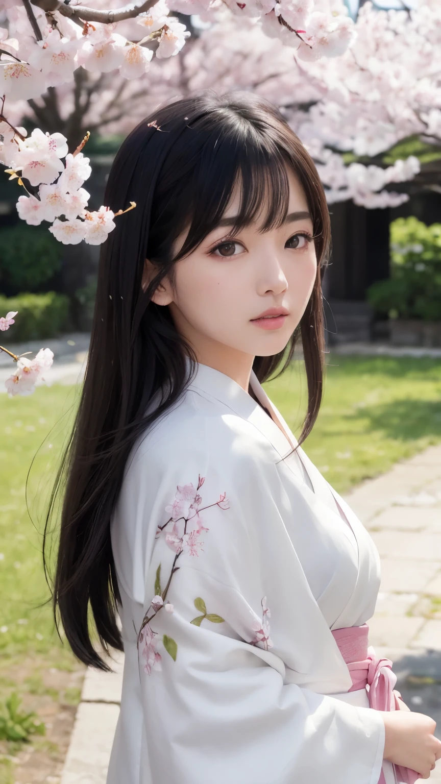 (logo、masterpiece、8k、Tabletop、RAW Photos、wonderful、最high quality、8K wallpaper that combines photorealism and high-definition CG、high quality、Very detailed、Narrative poem、Particle Effects、Dynamic Effects、Written boundary depth、Cinematic Light、Lens flare、Ray Tracing)、Fantasy、 (1 Beauty、White kimono、Japanese Clothing、White cherry blossom pattern、White cherry blossom embroidery pattern、Black-haired、Beautiful Face、True Face、Beautiful details、eye、Beautiful Skin)、Hair flutters in Wind、Hair bounces、Pink cherry blossom tree、Petals flutter、SakuraFubuki、wonderful景色、Morning Glow、Sun in the background、Wind、god々、teeth、god話、Vast land、