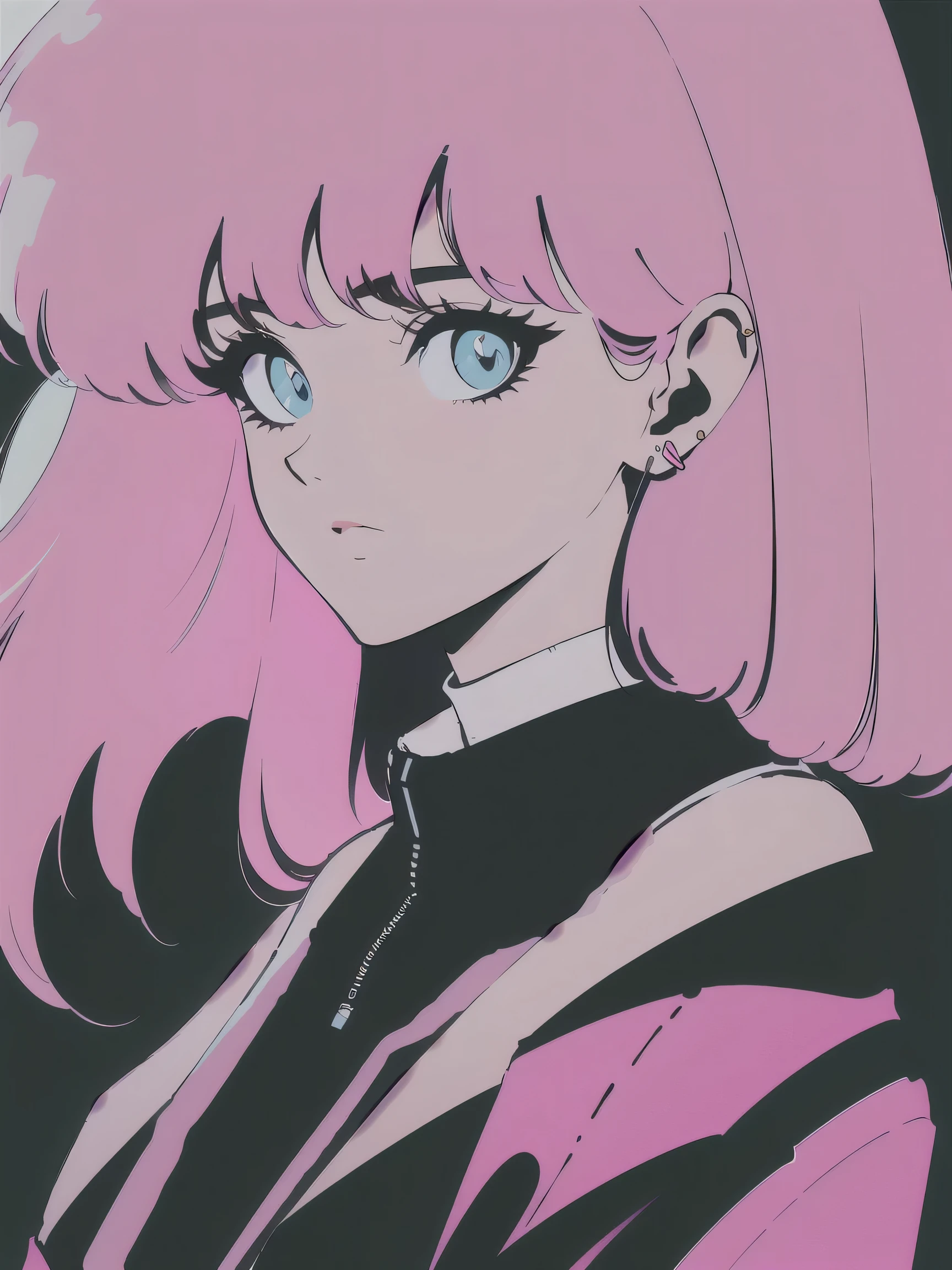 Fluffy hair, Bangs, oversized jacket, Bright pink jumpsuit, Large earrings, Retro anime style, 90s aesthetics, 2000s Millennial Technology, retro scifi, Lovely masterpiece, high resolution, Extremely detailed, Realistic lighting, Bright colors, Bokeh.