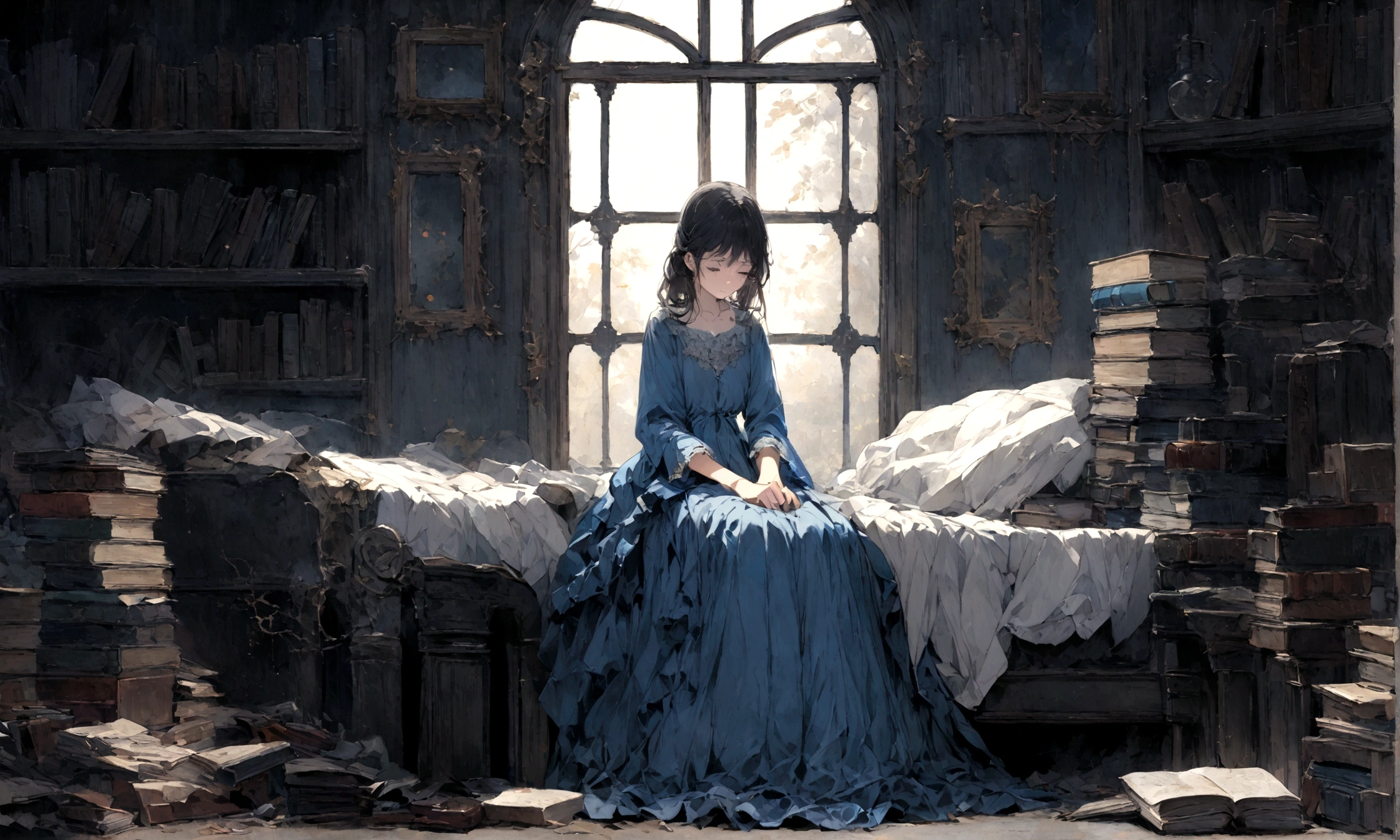 a sad female wearing a blue dress, silently crying on her bed though accepting it, in front of a moonlit window surrounded by books