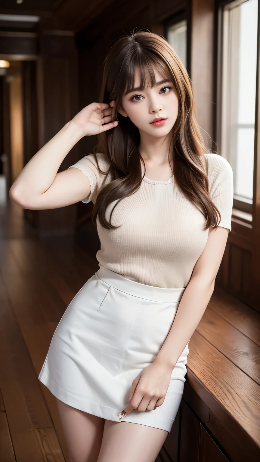 (highest quality, 8k, masterpiece :1.3), One girl, Beautiful woman, Asymmetrical bangs, Brown Hair, Huge breasts :1.2, Casual clothing :1.2, indoor, Highly detailed face, (actress), (Cowboy Shot), Simple Background