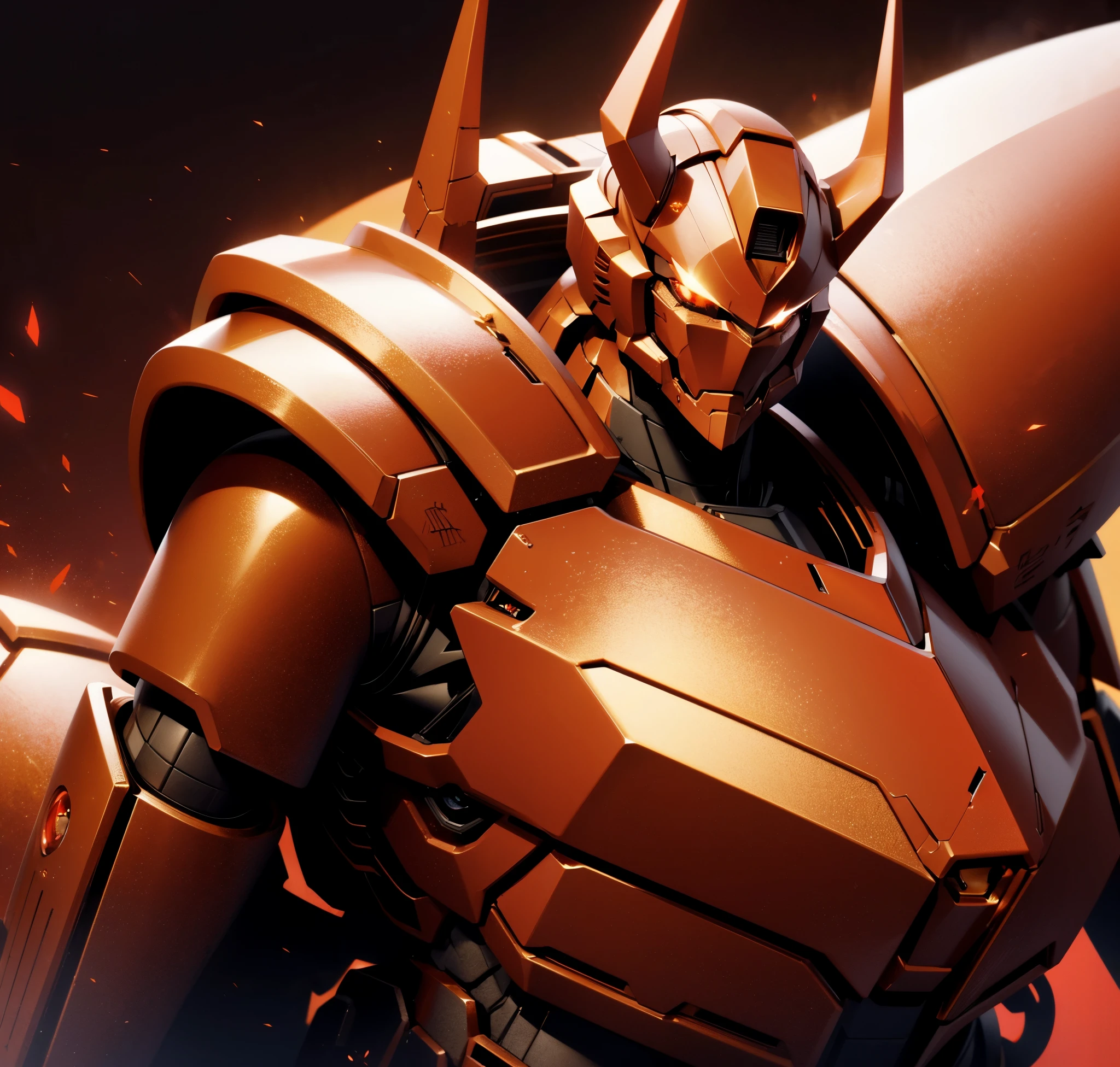 Robot, red mono eye, red body, high quality, golden horns on head, heavily armored,Robot, red mono eye, red body, high quality, golden horns on head, heavily armored, reddish-black shoulders, arm armor is an austere shade, sunset background,