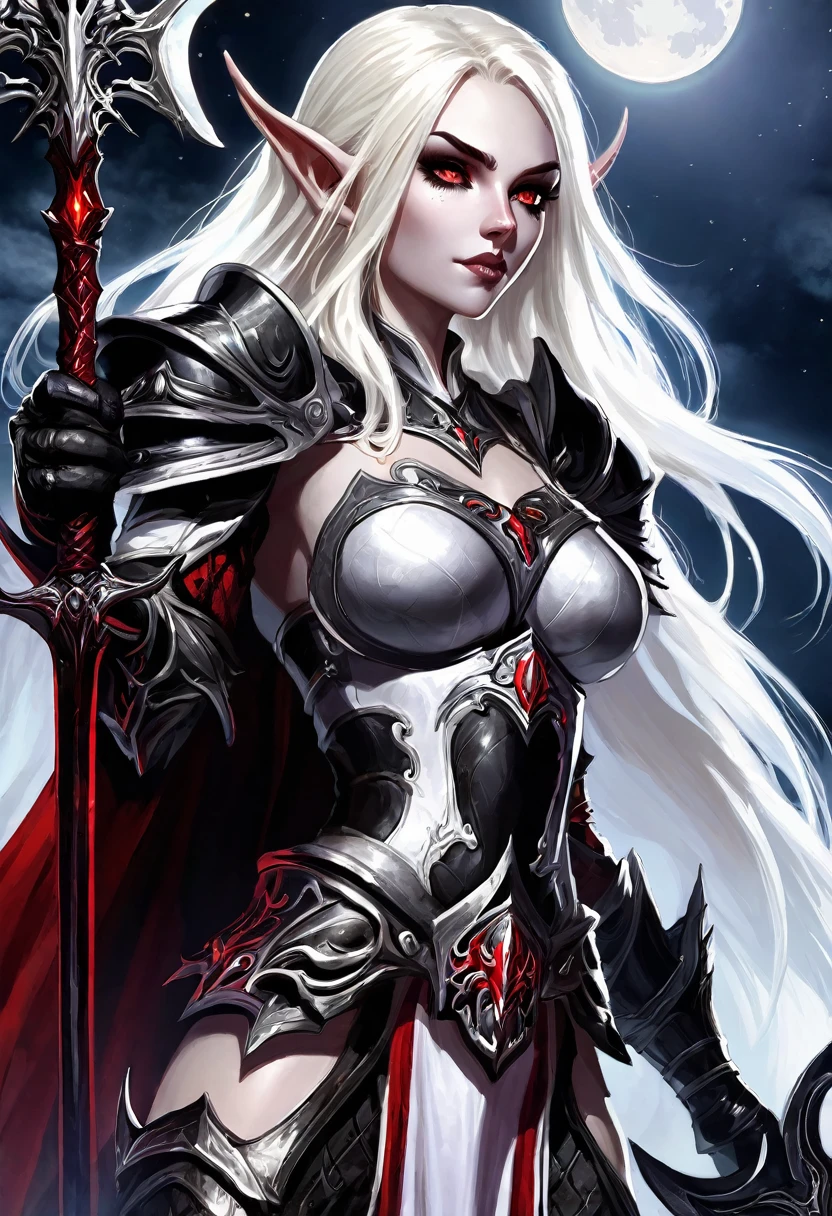 Everquest evil elf ,white eyebrows, eyelashes, curved mouth expression, smooth skin, long luscious platinum blonde hair, long detailed facialhair, full detailed body, detailed black red white Warrior Necromancer armor, fantasy two handed claymore, fantasy dnd at night full moon light