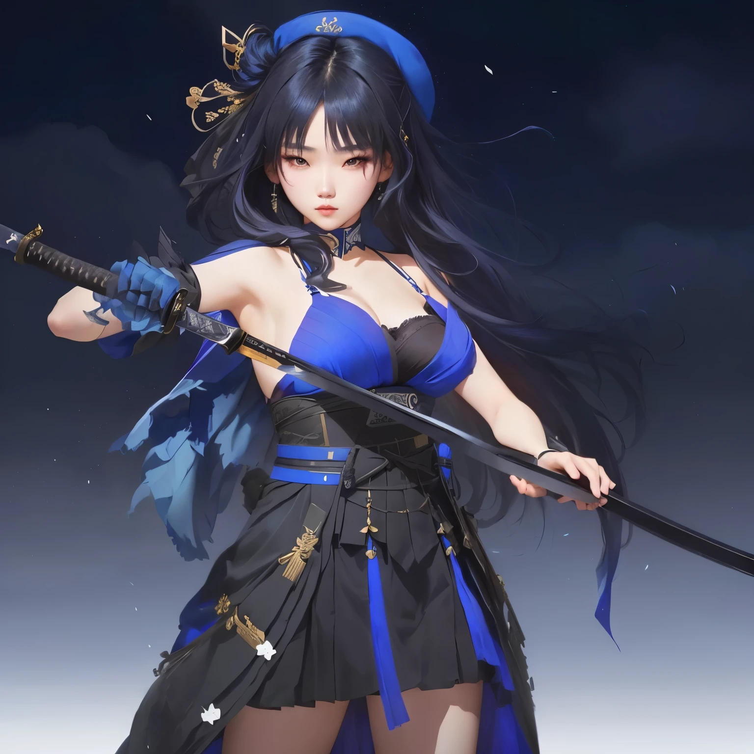 korean girl with a sword and a blue dress, black - hair, k - pop, katana