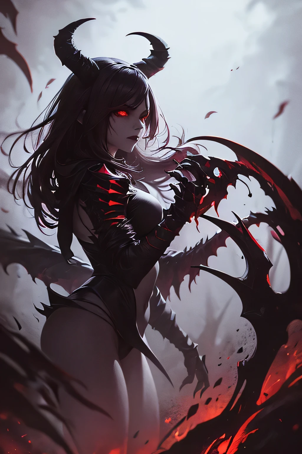 curiosity as a female demonic mutant mage,dark fantasy,horror,highly detailed,digital painting,cinematic lighting,dramatic composition,chiaroscuro,moody atmosphere,strong contrast,glowing eyes,sharp fangs,twisted horns,skeletal features,veiny skin,clawed hands,sinister expression,red and black color scheme,dramatic shadows,cinematic camera angle