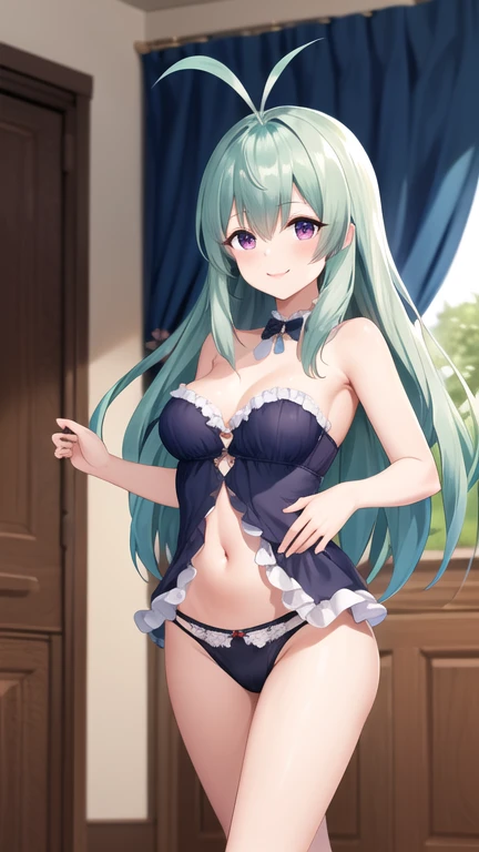 masterpiece, best quality, highres, Run Elsie Jewelria, solo, long hair, antenna hair, purple eyes, underbust, navel, panties, strapless, revealing clothes, indoors, smile, standing, frills,