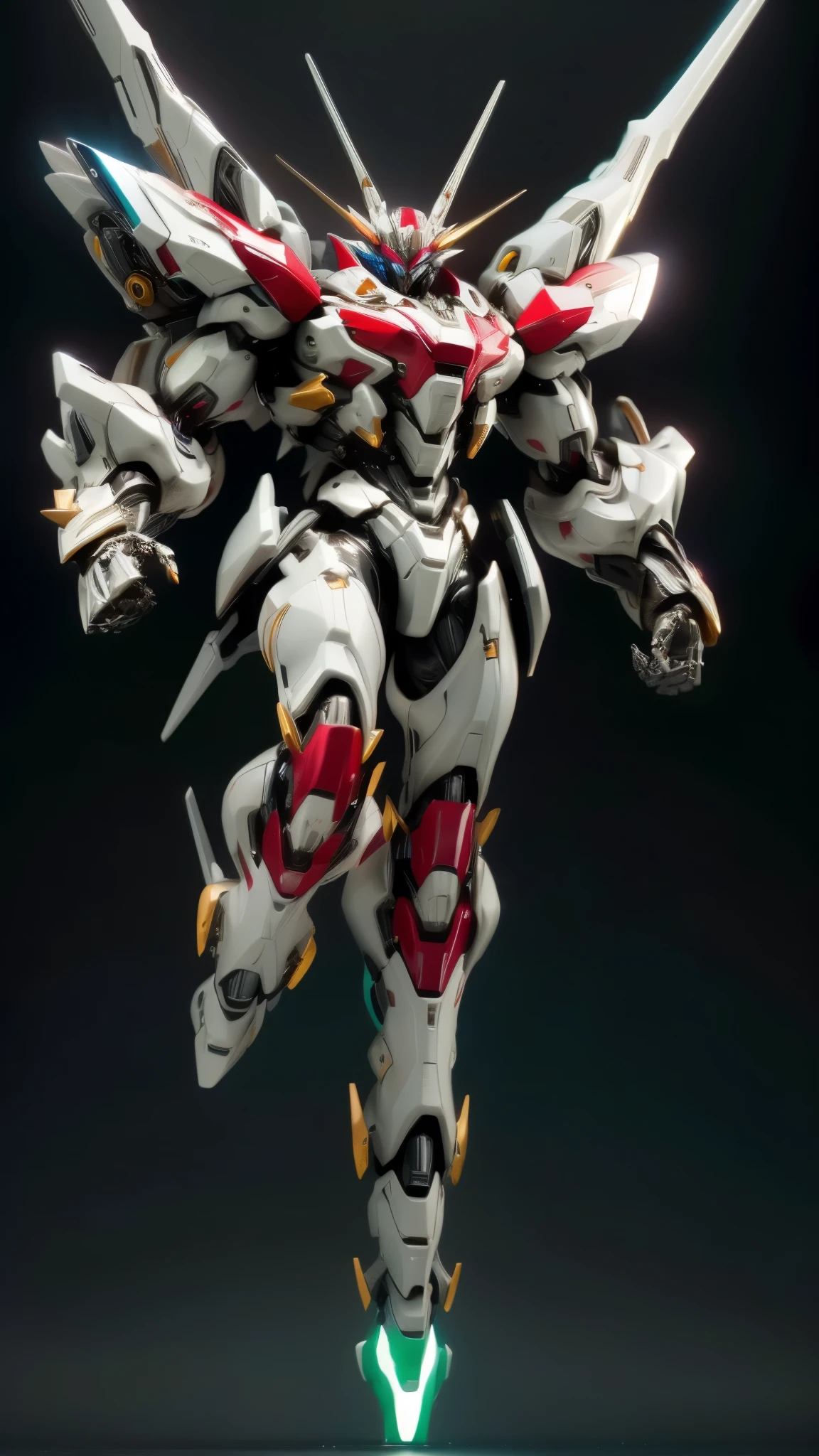 Humanoid Mecha, fully enclosed shoulder guards, matching arm and leg guards, full body, full armor, the design balances heavy with agility, (the color scheme is primarily white with red and blue accents, the concept Inspired by Super robot, organic biotech armor, standing, floating high above the futuristic sci-fi city), exquisite and mature art style, (aura effect, energy, glowing eyes, the armor glows), ((SRS)), metallic, dynamic, dramatic, high definition, best quality, highres, ultra-detailed, ultra-fine painting, extremely delicate, professional, perfect body proportions, anatomically correct, symmetrical face, extremely detailed eyes and face, high quality eyes, creativity, RAW photo, UHD, 32k, Natural light, cinematic lighting, masterpiece-anatomy-perfect, masterpiece:1.5