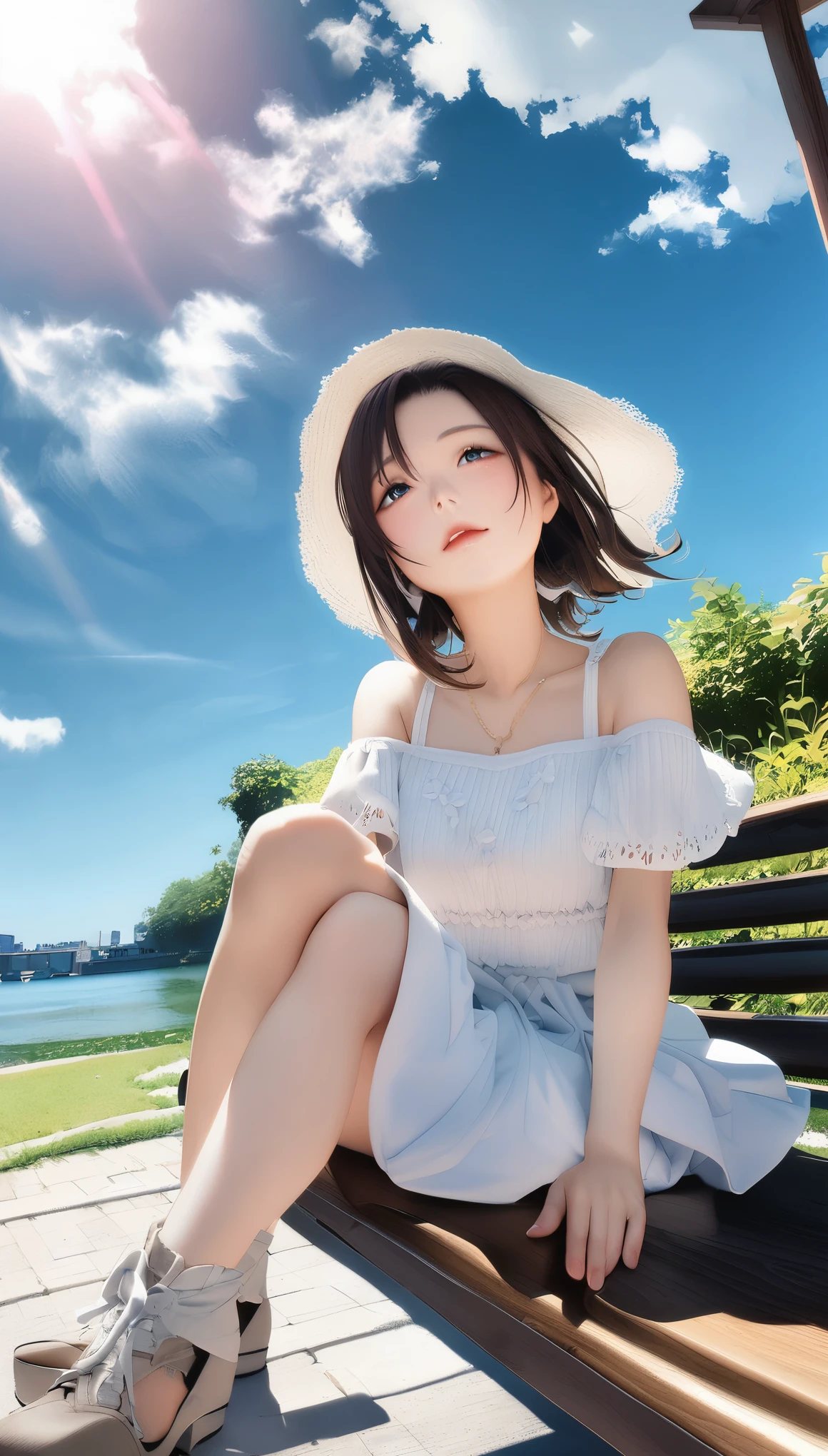 highest quality、Masterpiece、One Girl、Extremely delicate facial and skin texture、White summer knitwear、Black long skirt、(((Sitting on a bench looking up at the sky、Girl looking up at the sky、Look at the sky)))、Everyday Scenery、Pleasant sunshine、In perfect harmony with nature、Relaxation、(((Riverside parks、Blue sky、White cloud、A Summer Day)))、youth、、Summer vacation、