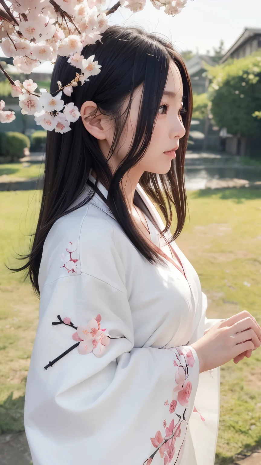 (logo、masterpiece、8k、Tabletop、RAW Photos、wonderful、最high quality、8K wallpaper that combines photorealism and high-definition CG、high quality、Very detailed、Narrative poem、Particle Effects、Dynamic Effects、Written boundary depth、Cinematic Light、Lens flare、Ray Tracing)、Fantasy、 (1 Beauty、White kimono、Japanese Clothing、White cherry blossom pattern、White cherry blossom embroidery pattern、Black-haired、Beautiful Face、True Face、Beautiful details、eye、Beautiful Skin)、Hair flutters in Wind、Hair bounces、Pink cherry blossom tree、Petals flutter、SakuraFubuki、wonderful景色、Morning Glow、Sun in the background、Wind、god々、teeth、god話、Vast land、