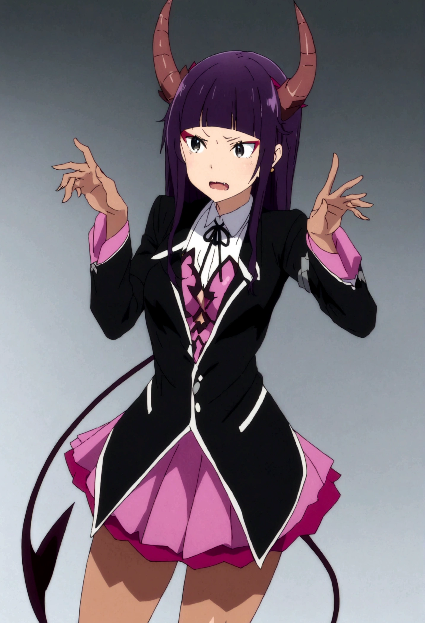 score_9, score_8_up, score_7_up, source_anime, rating_safe, anime screencap, rezero_style, ((suit)), (cardigan), (skirt), (stockings), intricate details, masterpiece, top quality, best quality, ((tan)), (shark teeth), ((solo)), ((1girl)), (long dark purple hair), ((spiky hair)), (hime haircut), (adult), (stocking), ((dynamic pose)), (hime bangs), ((unique clothing)), (black eyes), (lovesick expression), (flirting), (makeup), (succubus horns), (succubus tail), (succubus wings),