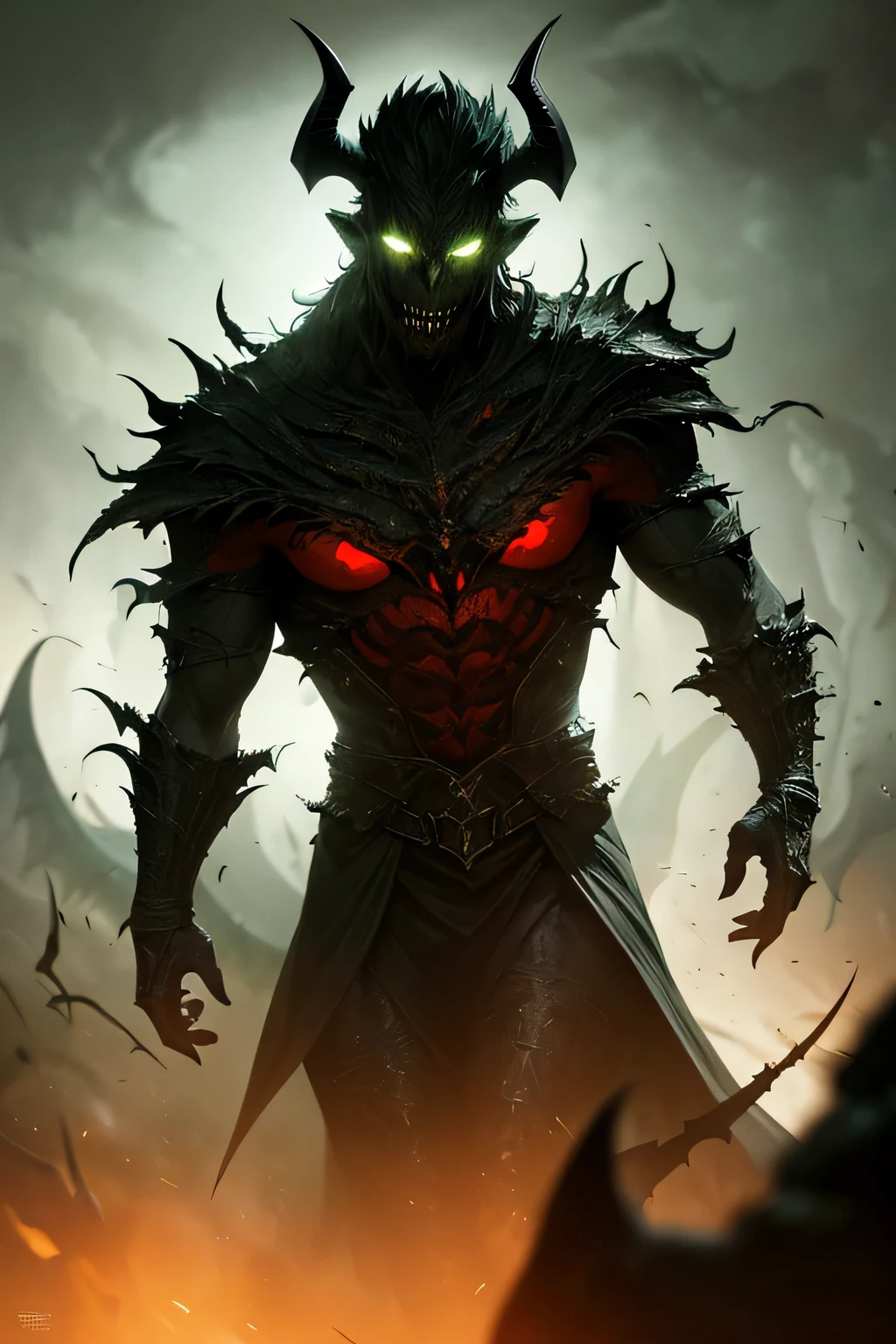 greenness as a male demonic mutant mage,dark fantasy,horror,highly detailed,digital painting,cinematic lighting,dramatic composition,chiaroscuro,moody atmosphere,strong contrast,glowing eyes,sharp fangs,twisted horns,skeletal features,veiny skin,clawed hands,sinister expression,red and black color scheme,dramatic shadows,cinematic camera angle