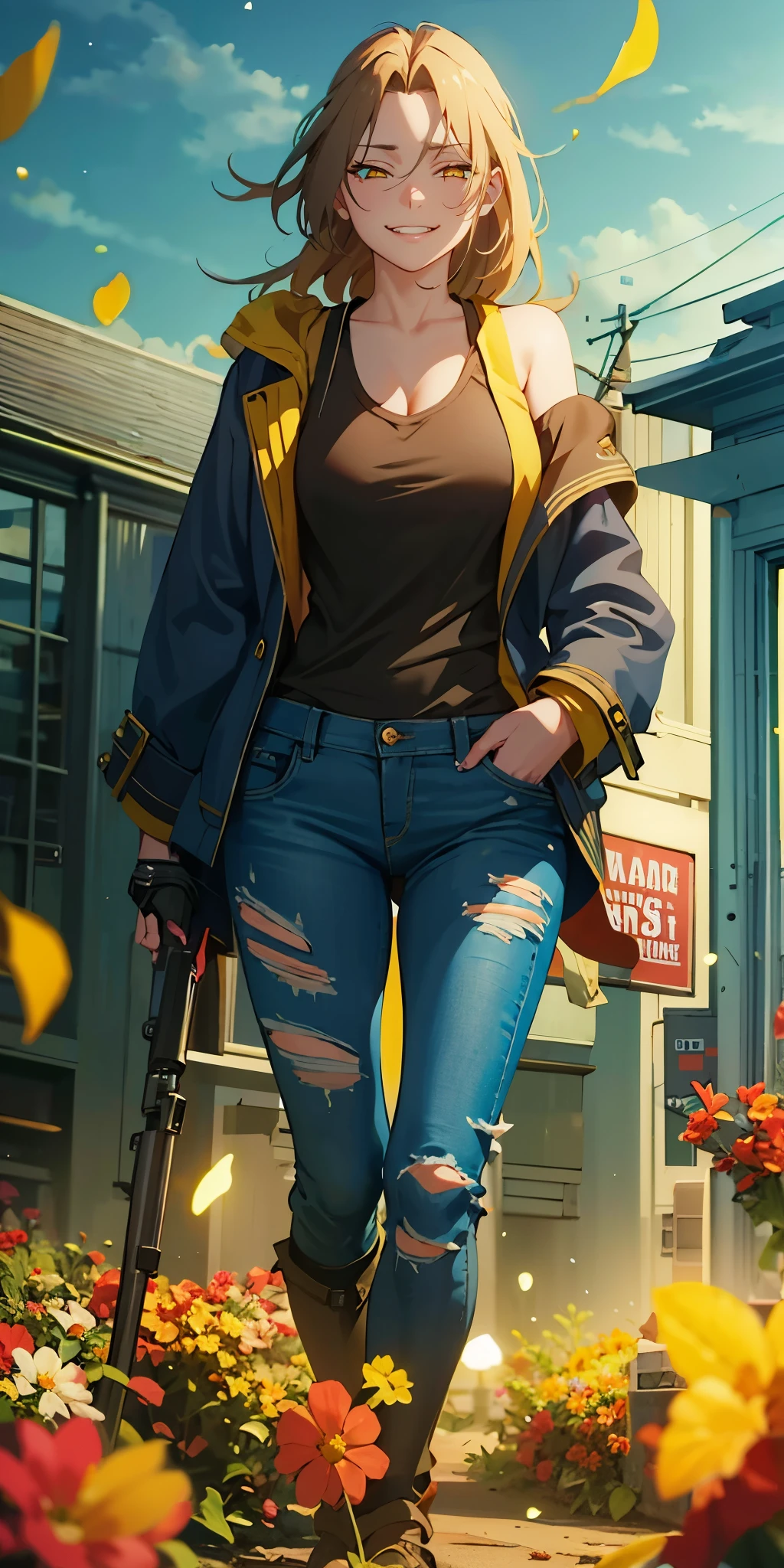 long hair, (black hair:1.3), forehead, golden eyes, curvy, anatomically correct, heavy breathing, huge breasts, torn_clothes, torn_pants, cloudy sky, falling flowers, (cinematic:1.3), spotlight, torn_jeans, pants, denim, jeans, 1girl,  jacket, blurry, hand in pocket, black_jacket, torn_shirt, solo, torn_legwear, standing, depth_of_field, tank_top, blurry_background, looking_at_viewer, outdoors, city, "Photorealistic, Hyperrealistic, Hyperdetailed, analog style, soft lighting, subsurface scattering, realistic, heavy shadow, masterpiece, best quality, ultra realistic, 8k, golden ratio, Intricate, High Detail, film photography, soft focus", (shaded face:1.2), half-closed eyes, hollow eyes, golden eyes, looking at viewer, smirk, upper teeth, glowing eyes