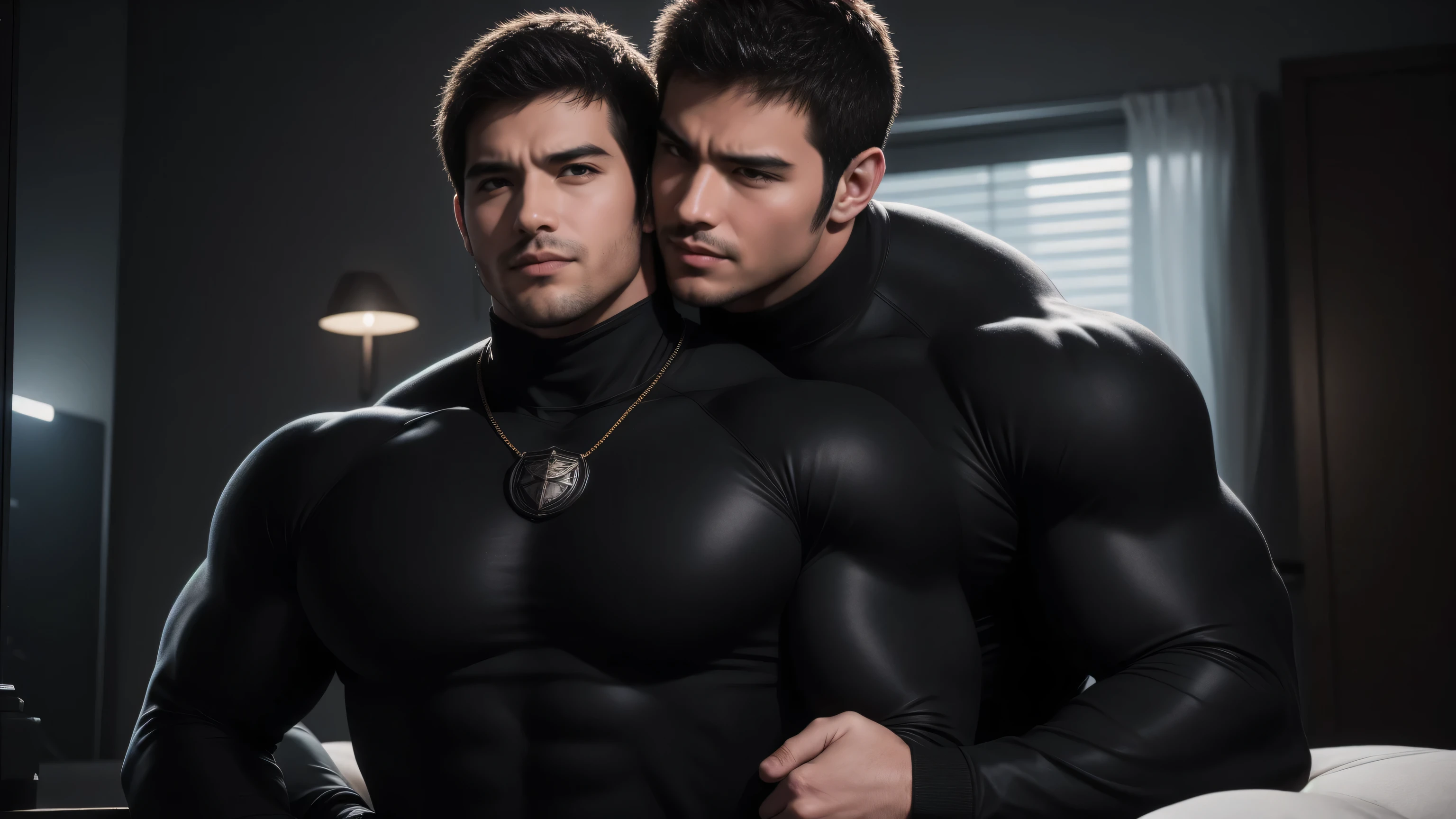 Super muscular man hugging, kissing and caressing, They hugged each other tightly on the soft sofa,Wear sunglasses,Look at each other affectionately,They hugged each other affectionately,Buzz Cut,In the bedroom of a luxurious and noble mansion, Wear a dark khaki turtleneck with long sleeves, Thickened warm elastic texture,They look happy,Open your mouth,Smiling wickedly, Thick thighs, Messy hair, Thick thighs, Turtleneck Long Sleeve Dark Khaki Turtleneck Bodysuit, Very large feet wearing combat boots,very tight, Regular symmetrical pattern, Highlight muscles, Police uniform pants, Very large feet wearing combat boots,character concept(Resident Evil - Chris Redfield, Chris Redfield)A proud expression, Deep and charming eyes, Heroic male pose, tall Burly, muscular!muscular thighs, tough guy, perfect facial features, High, Burly, Heqiang, Super polished and cool, High Resolution Committee, Charismatic, The sun shines through the customers