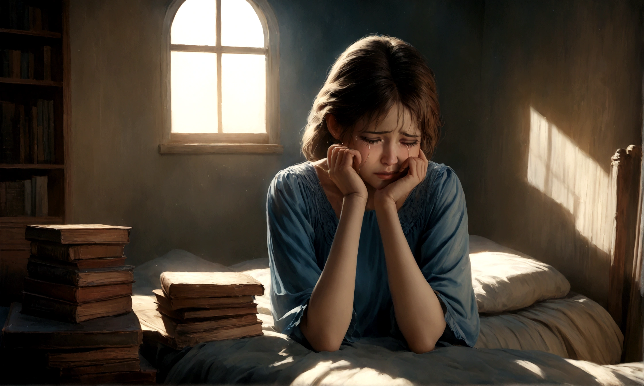 A sad woman in a blue dress, silently crying on her bed, accepting her sorrow, moonlit window with books around her, highly detailed, cinematic lighting, emotive, melancholic, photorealistic, 8k, realistic tears, dramatic shadows, depth of field