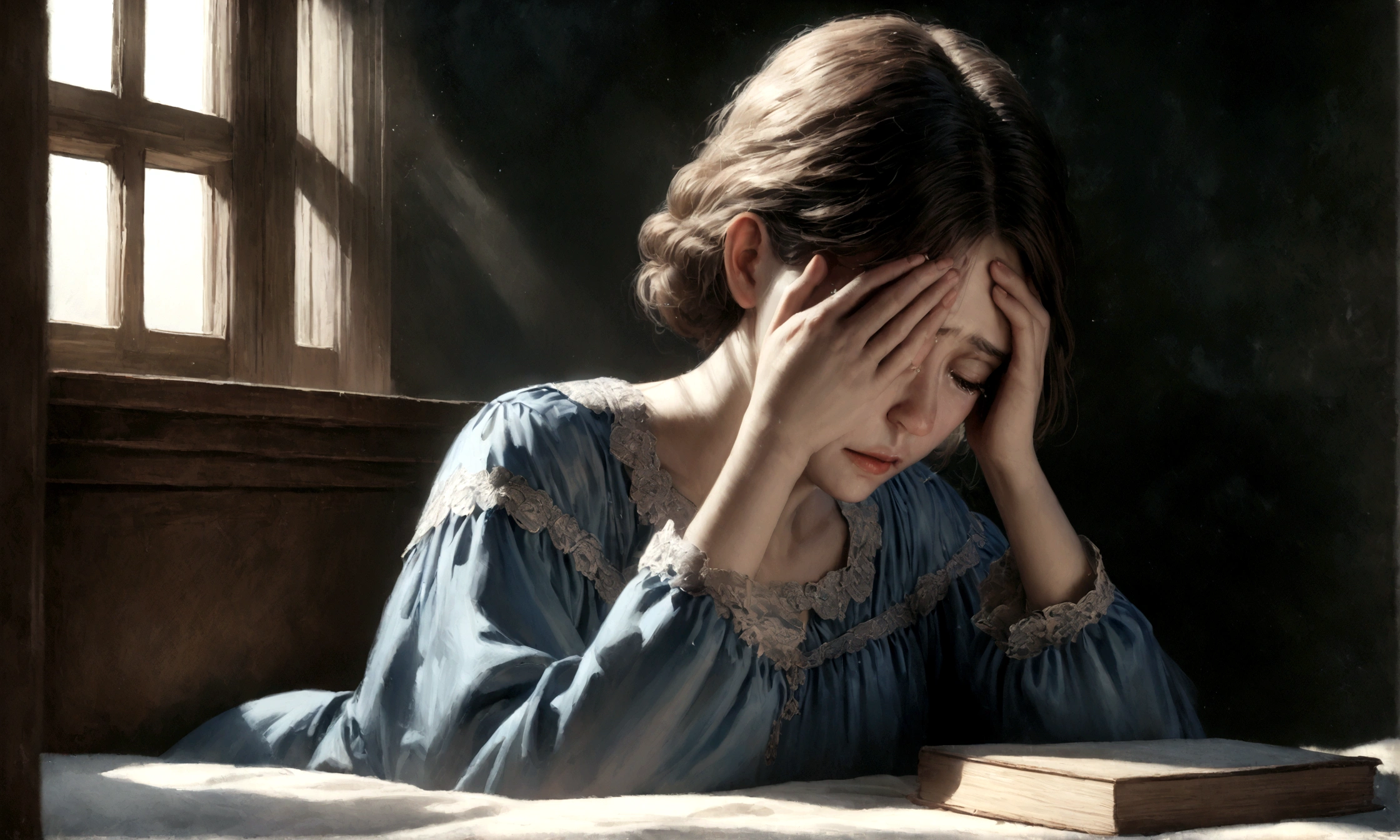 A sad woman in a blue dress, silently crying on her bed, accepting her sorrow, moonlit window with books around her, highly detailed, cinematic lighting, emotive, melancholic, photorealistic, 8k, realistic tears, dramatic shadows, depth of field