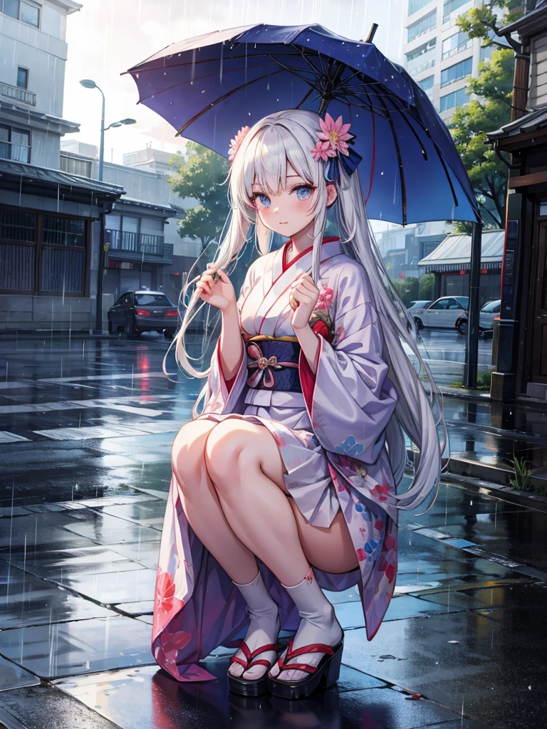 anime girl in kimono outfit walking in the rain, an anime drawing by Shitao, pixiv, auto-destructive art, white haired deity, shikamimi, hd anime wallaper, anime style 4 k, anime style like fate/stay night, white haired, after rain and no girls, beautiful anime girl squatting, anime wallaper, raining!