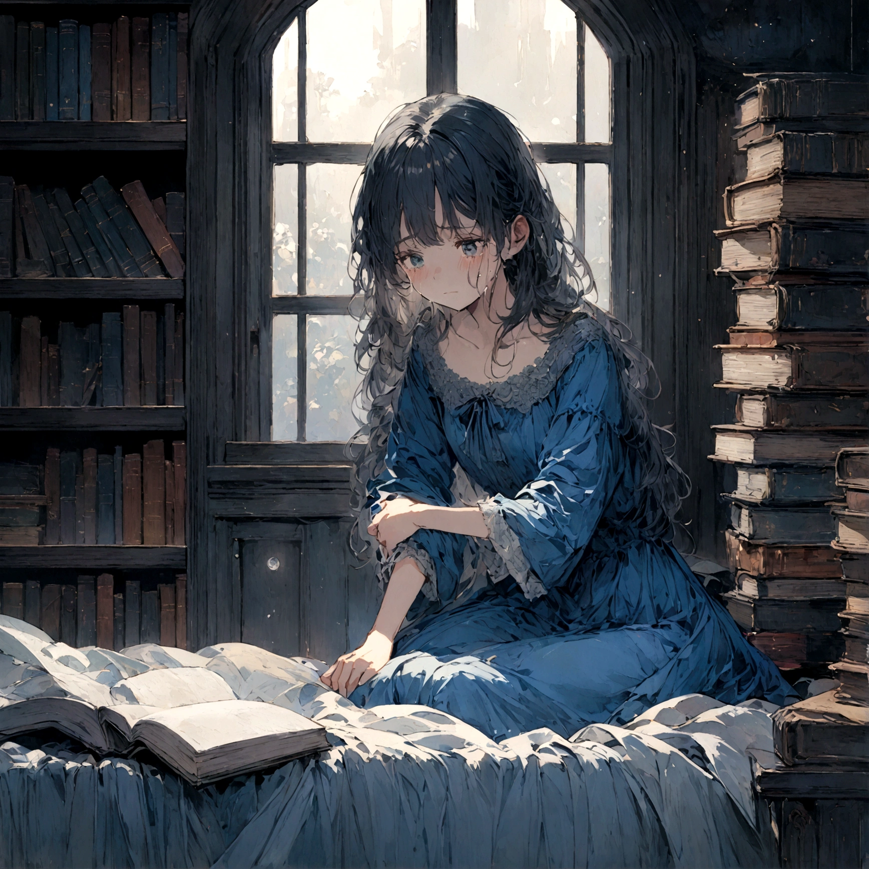 a sad female wearing a blue dress, silently crying on her bed though accepting it, in front of a moonlit window surrounded by books
