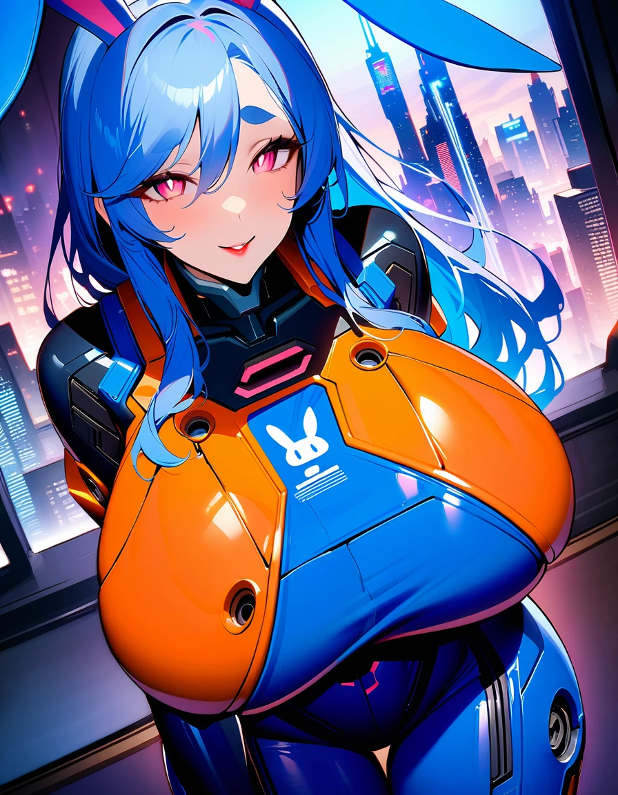 masterpiece, high quality, Very detailed, One girl, Mature Woman, alone, Bunny girl, Pekomama, (Huge breasts:1.5), ((((Blue Hair), Long Hair, Pink Eyes, elongated pupils, Bunny ears))), Red lips, (((Mechanical bodysuit, Blue striped bodysuit))), ((Mischievous Smile), Mouth closed), ((Futuristic cityscape))