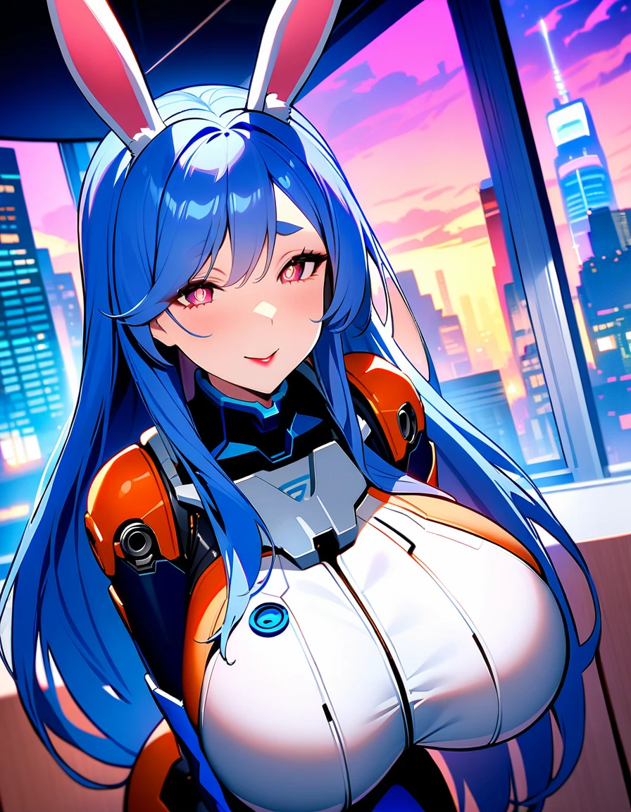 masterpiece, high quality, Very detailed, One girl, Mature Woman, alone, Bunny girl, Pekomama, (Huge breasts:1.5), ((((Blue Hair), Long Hair, Pink Eyes, elongated pupils, Bunny ears))), Red lips, (((Mechanical bodysuit, Blue striped bodysuit))), ((Mischievous Smile), Mouth closed), ((Futuristic cityscape))