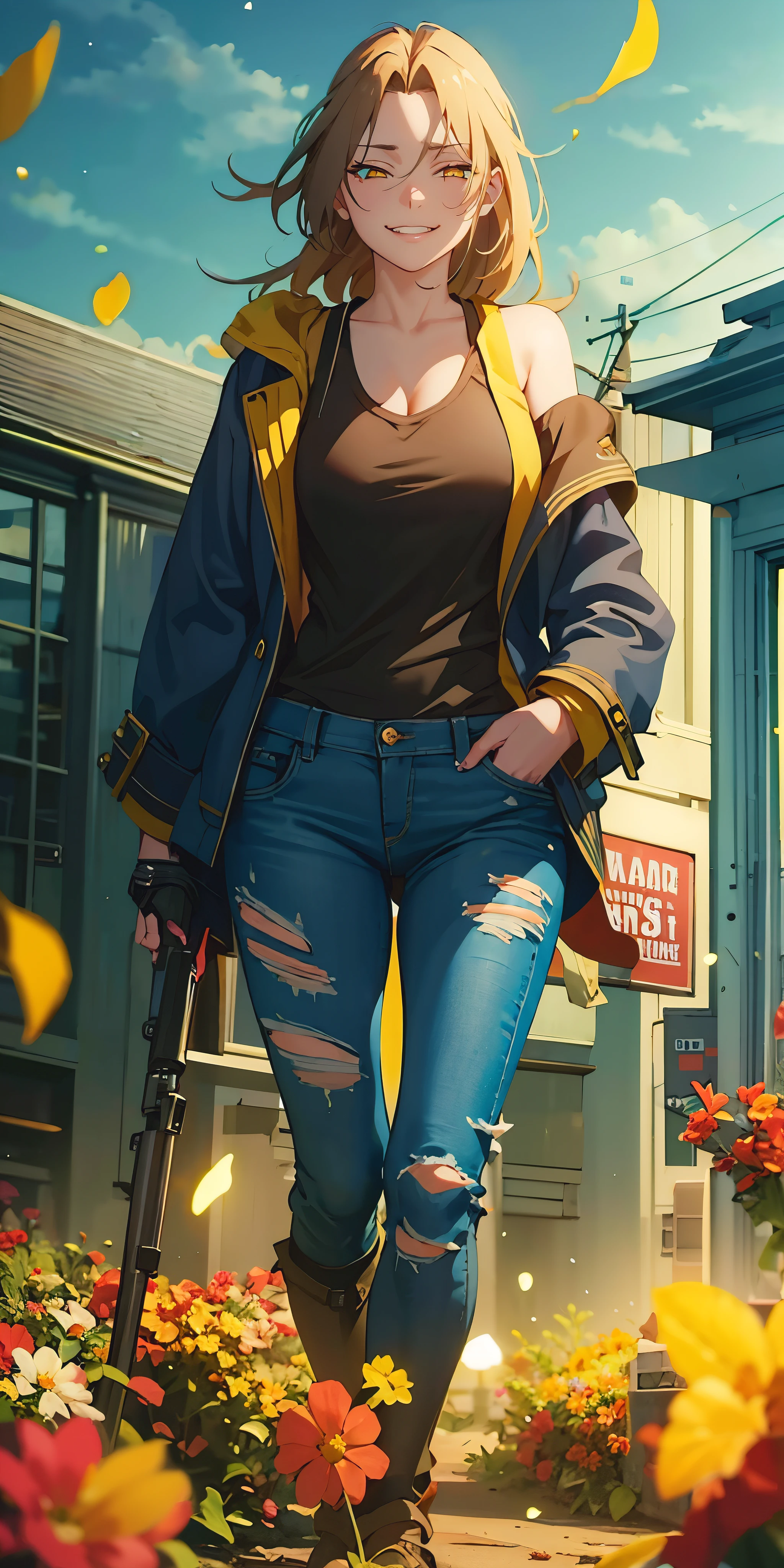 long hair, (black hair:1.3), forehead, golden eyes, curvy, anatomically correct, heavy breathing, huge breasts, torn_clothes, torn_pants, cloudy sky, falling flowers, (cinematic:1.3), spotlight, torn_jeans, pants, denim, jeans, 1girl, jacket, blurry, hand in pocket, black_jacket, torn_shirt, solo, torn_legwear, standing, depth_of_field, tank_top, blurry_background, looking_at_viewer, outdoors, city, "Photorealistic, Hyperrealistic, Hyperdetailed, analog style, soft lighting, subsurface scattering, realistic, heavy shadow, masterpiece, best quality, ultra realistic, 8k, golden ratio, Intricate, High Detail, film photography, soft focus", (shaded face:1.2), half-closed eyes, hollow eyes, golden eyes, looking at viewer, smirk, upper teeth, glowing eyes
