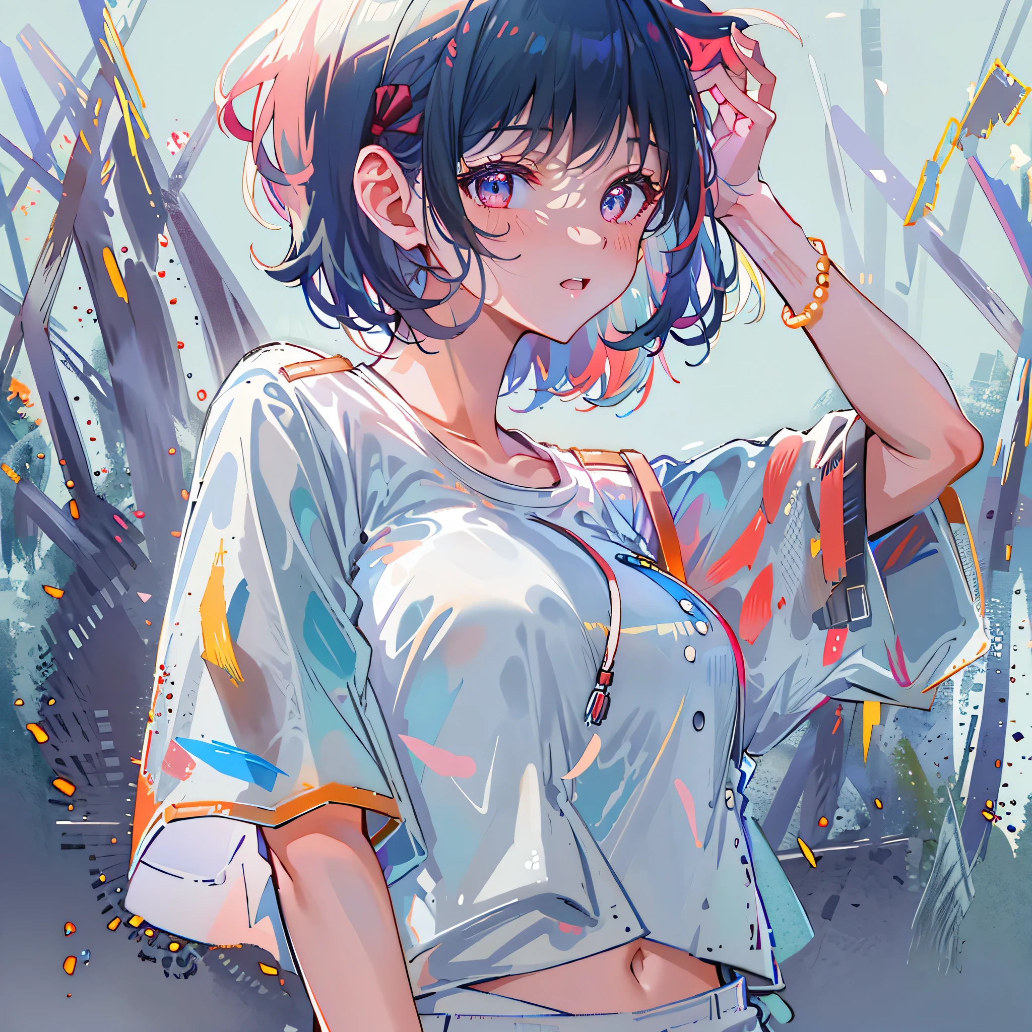 8K resolution、((top-quality))、((masterwork))、((ultra-detailliert))、1 woman、solo、incredibly absurdness、Oversized T-shirt’s 、ocean、plein air、Sateen、neons、Shortcut Hair、lights navy Hair Brightly colored eyes、Hands in pockets、shortpants、really cute 、summer