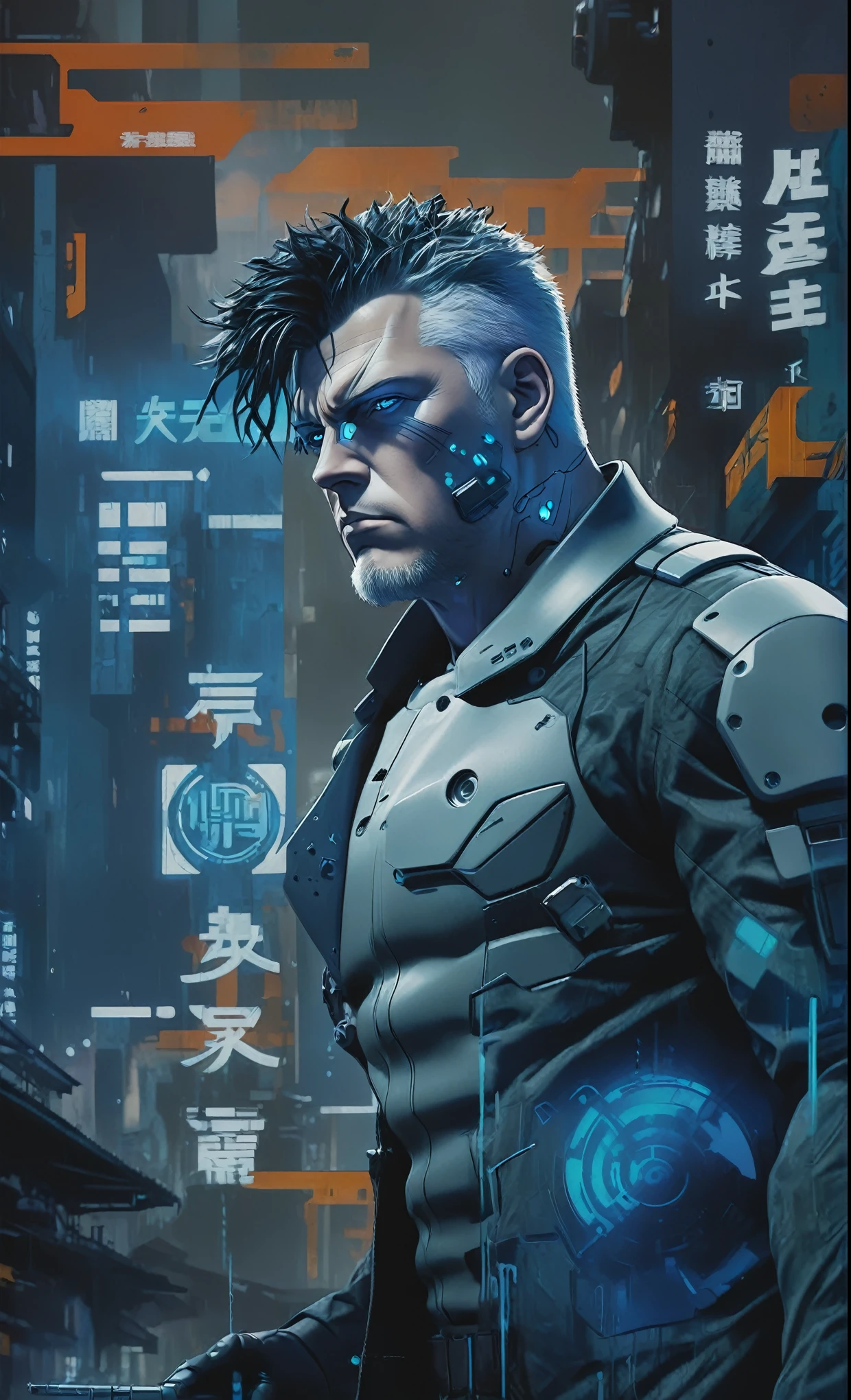 Ghost in the Shell Vol.2 - Batou, by Luis Duarte, Luis Duarte style, blue and black shading, Neo-Tokyo style, Element Air, Mythpunk, Graphic Interface, Sci-Fic Art, Dark Influence, NijiExpress 3D v3, Kinetic Art, Datanoshing, Oilpainting, Ink v3, Splash style, Abstract Art, Abstract Tech, Cyber Tech Elements, Futuristic, Illustrated v3, Deco Influence, AirBrush style, drawing
