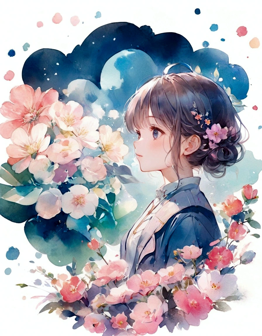 anime girl with flowers in her hair and a blue jacket, a beautiful artwork illustration, watercolor illustration style, beautiful anime artwork, beautiful anime portrait, beautiful anime art style, beautiful anime, anime illustration, beautiful anime art, soft anime illustration, guweiz, digital anime illustration, cute art style, digital art on pixiv, high quality portrait, anime style portrait